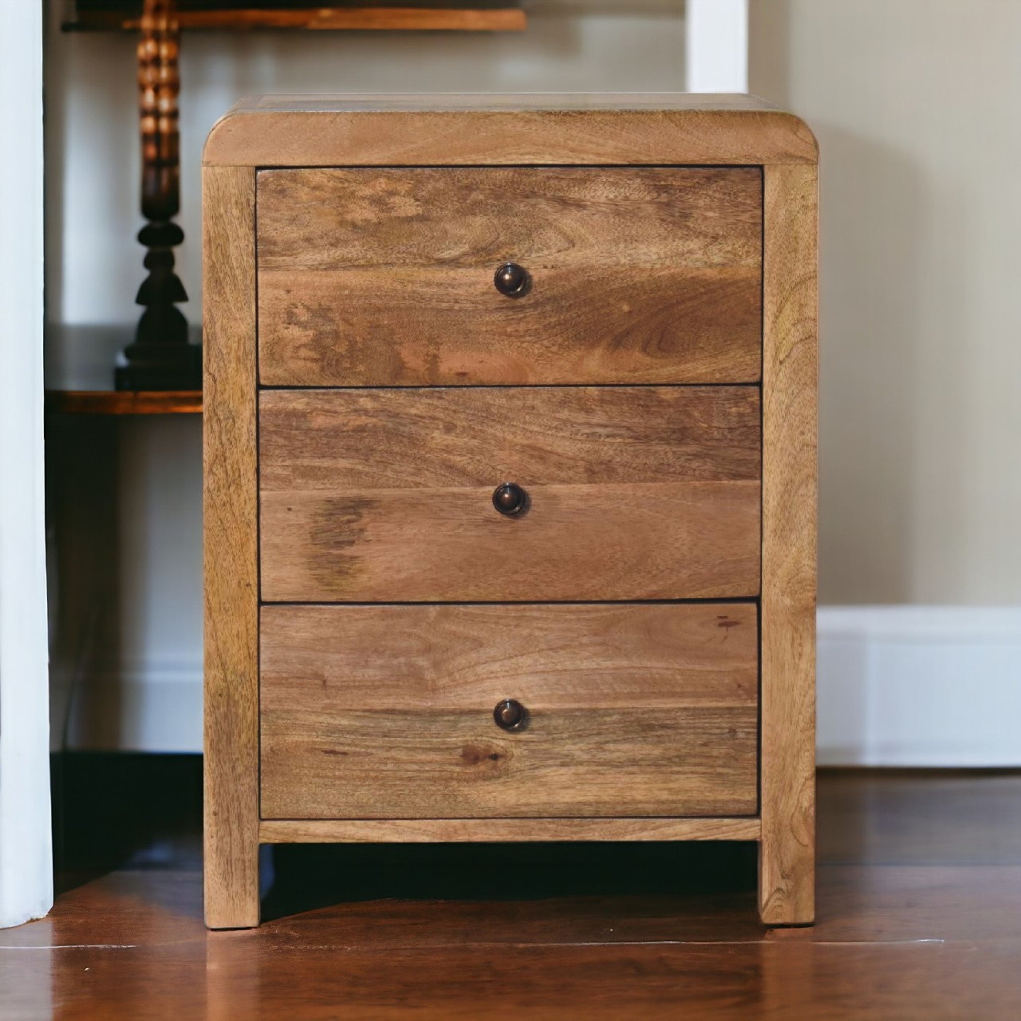 Solid Wood Aspen Bedside with 3 Drawers, Oak-ish Beige