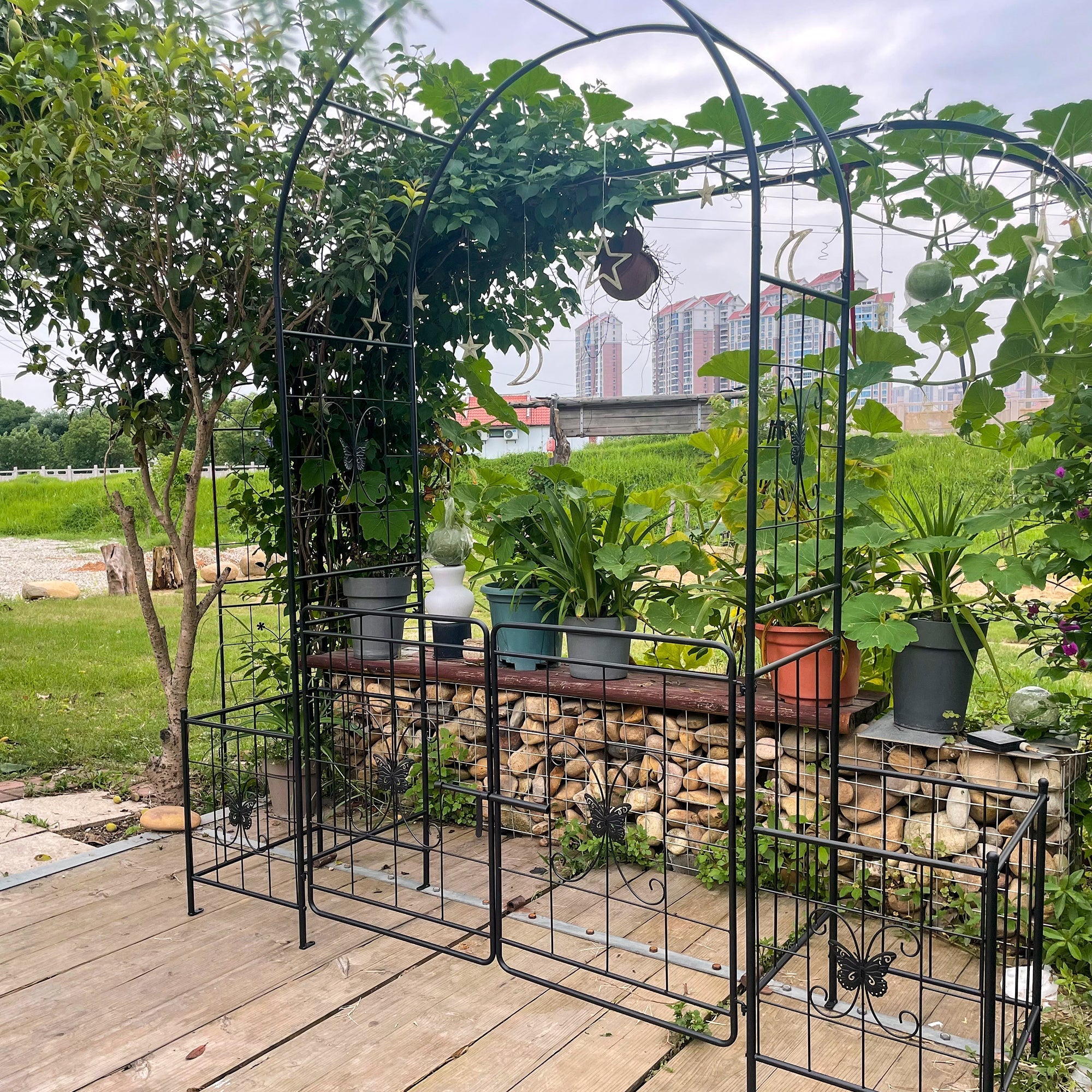 Garden Arch Arbor Trellis with Gate, Durable Metal, 7.15 Feet, Black