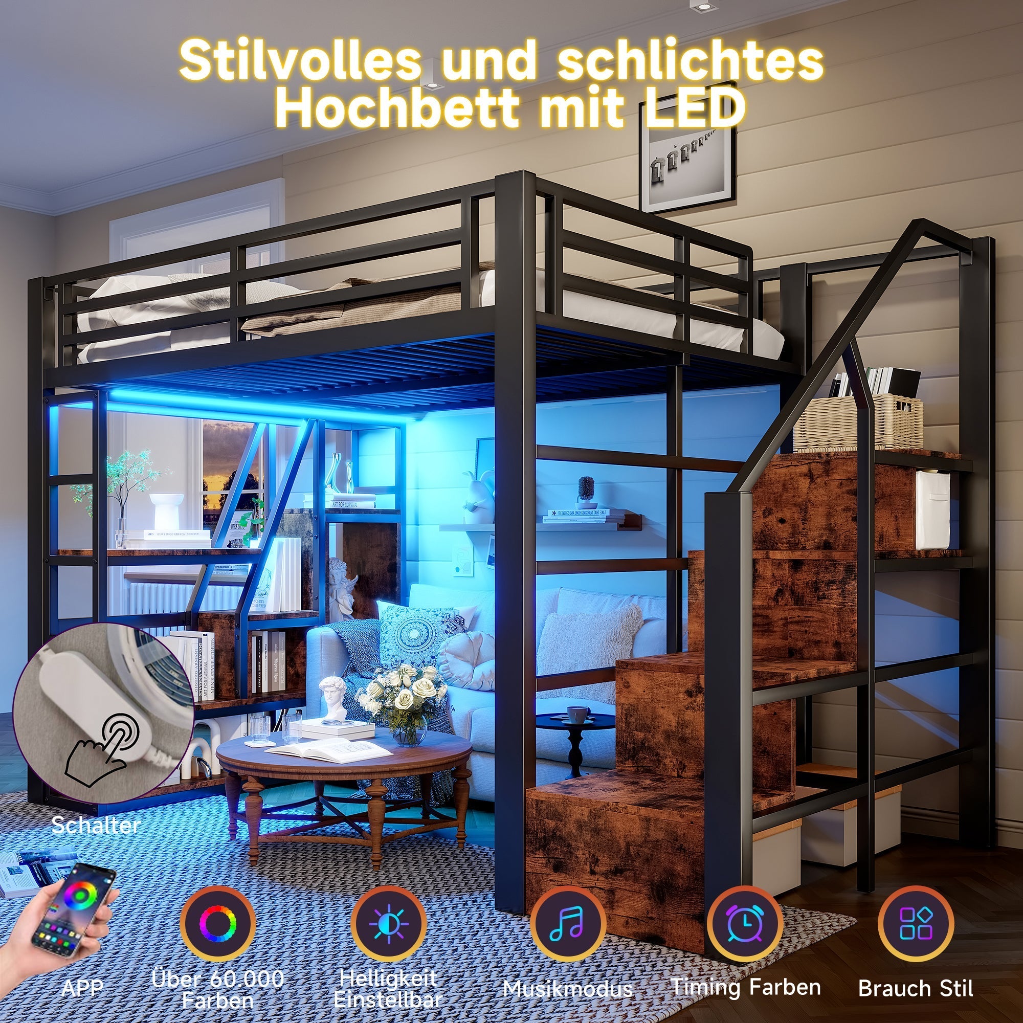 Loft Bed 140x200cm Iron Frame, Storage, Steps, LED, Black