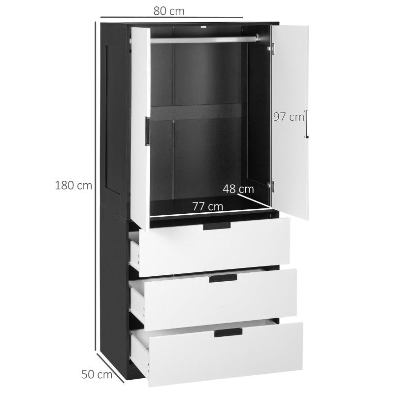 2 Door Wardrobe with 3 Drawers and Hanging Rod, Black