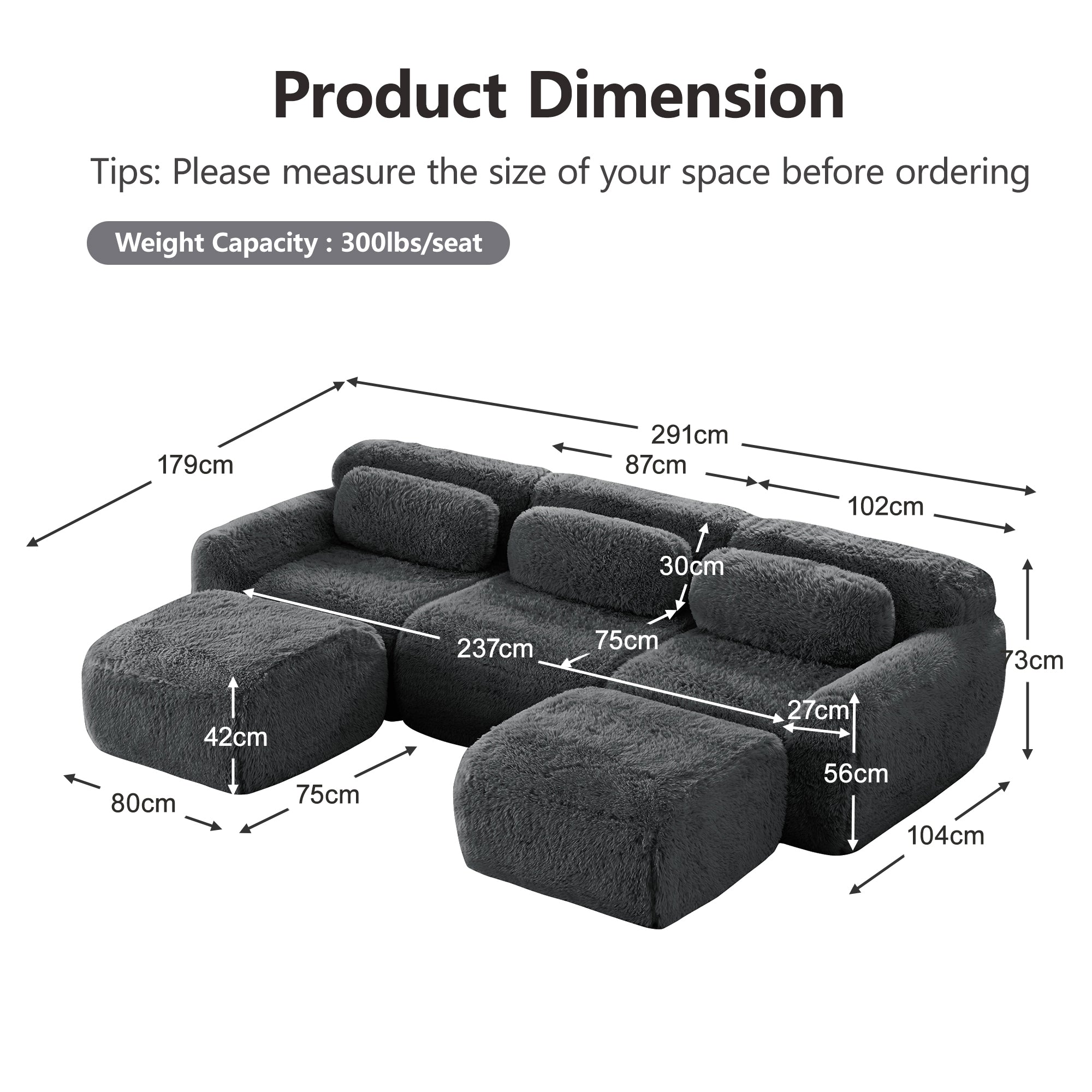 U-shaped Modular Sofa Plush Fabric High-Resilience Foam - Grey