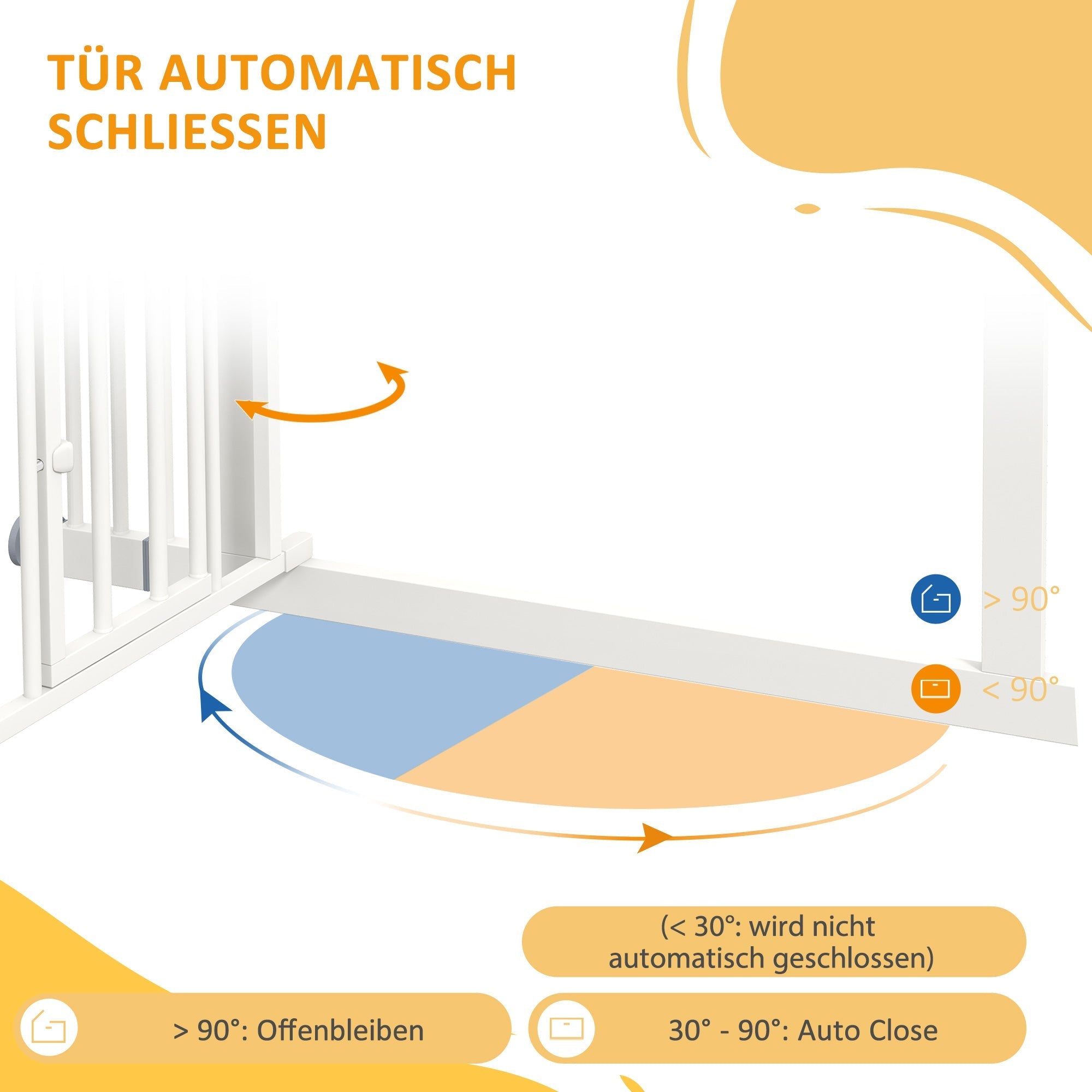 Treppenschutzgitter für Hunde, automatisch schließend, Katzenklappe, bohrfrei, 74-100cm, weiß