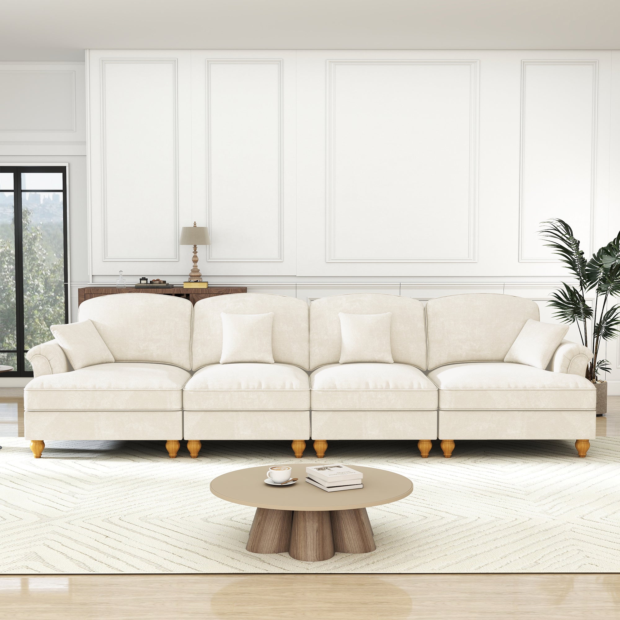 Elegant 4-Seater Sofa Mid-Century Ruffled Apron Spindle Legs - White Chenille