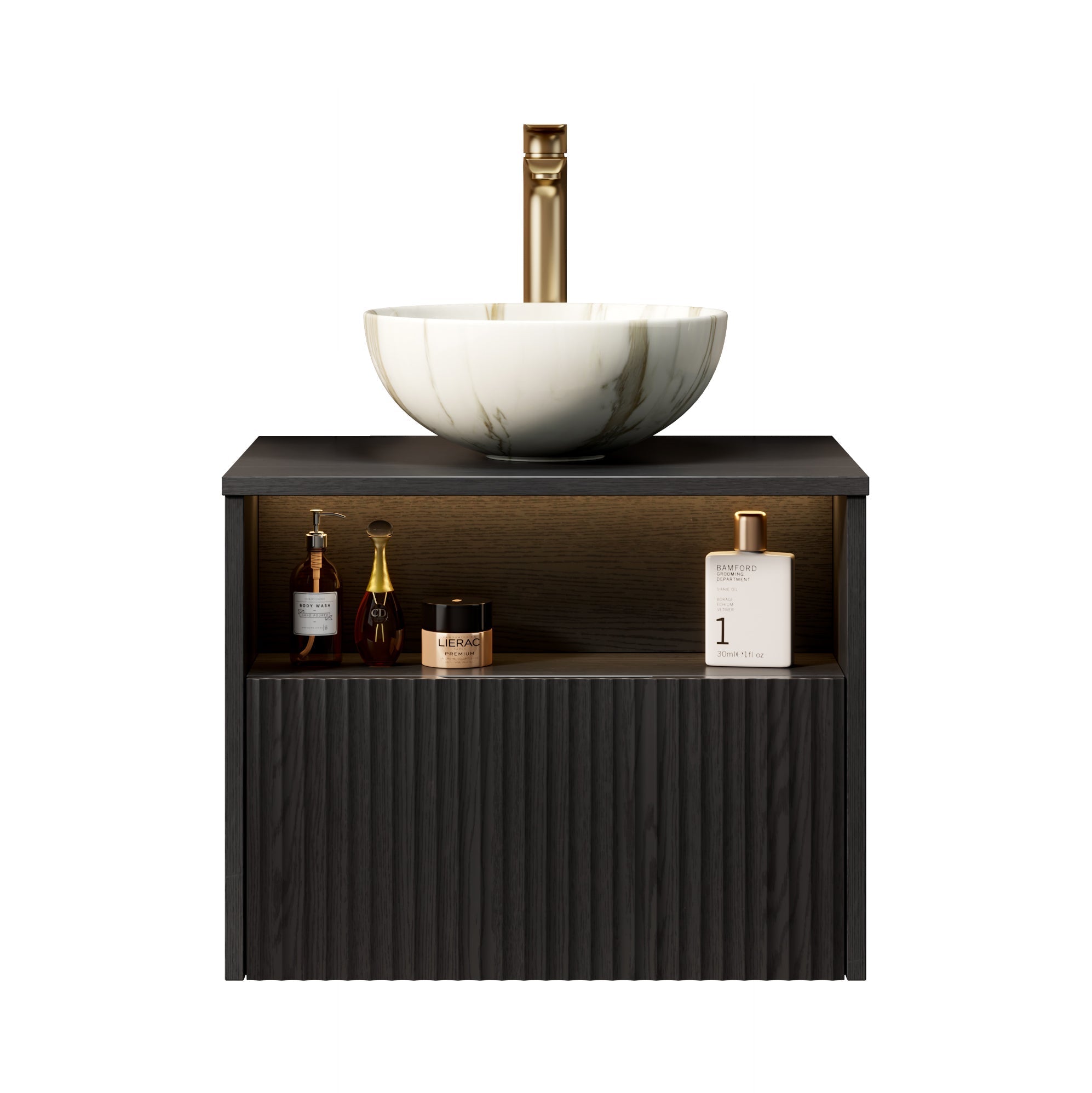 Floating Bathroom Vanity with Ceramic Basin and Sensor Light, Black Plywood