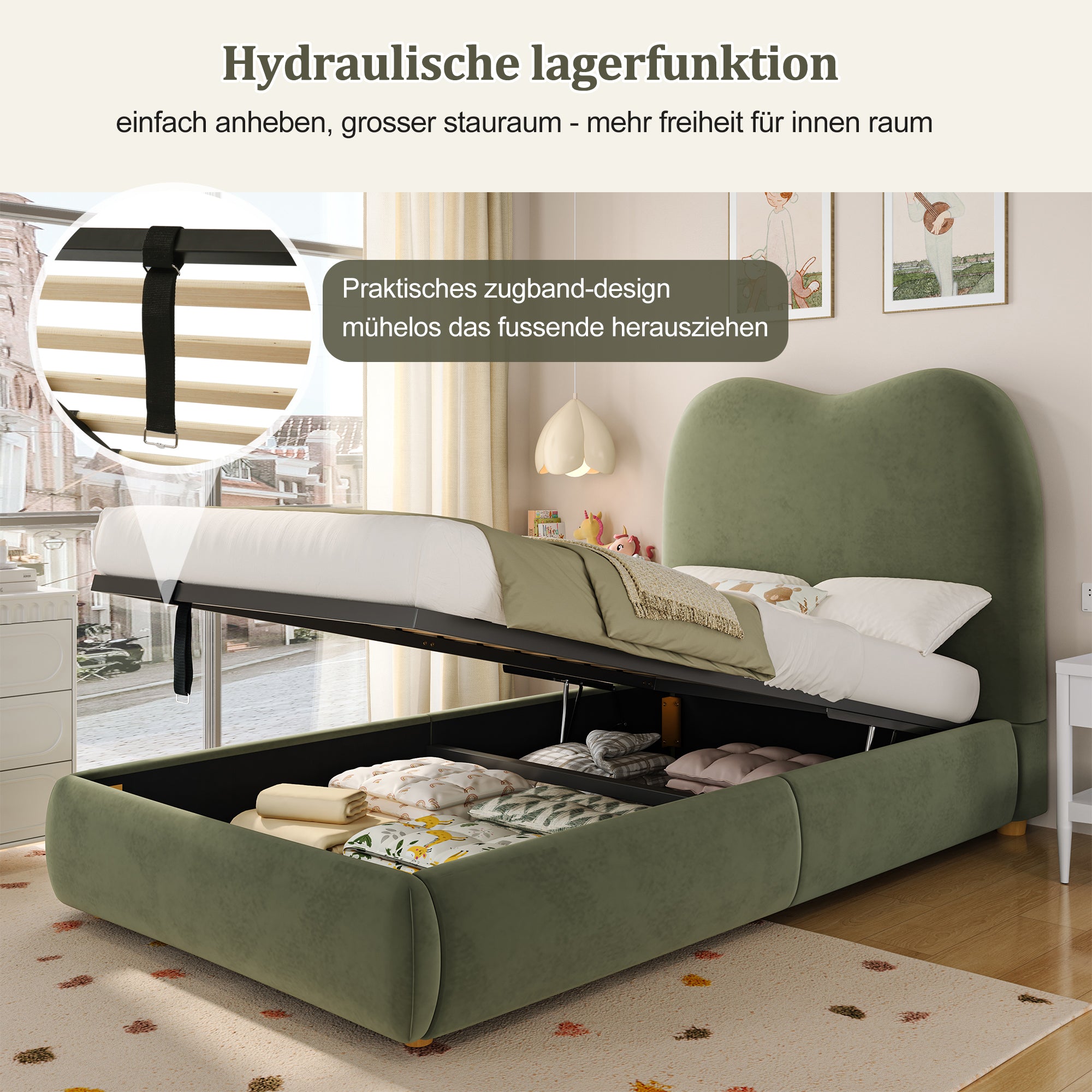 Upholstered Bed 90x200cm, Hydraulic Storage, Headboard & Slatted Frame, Velvet Green