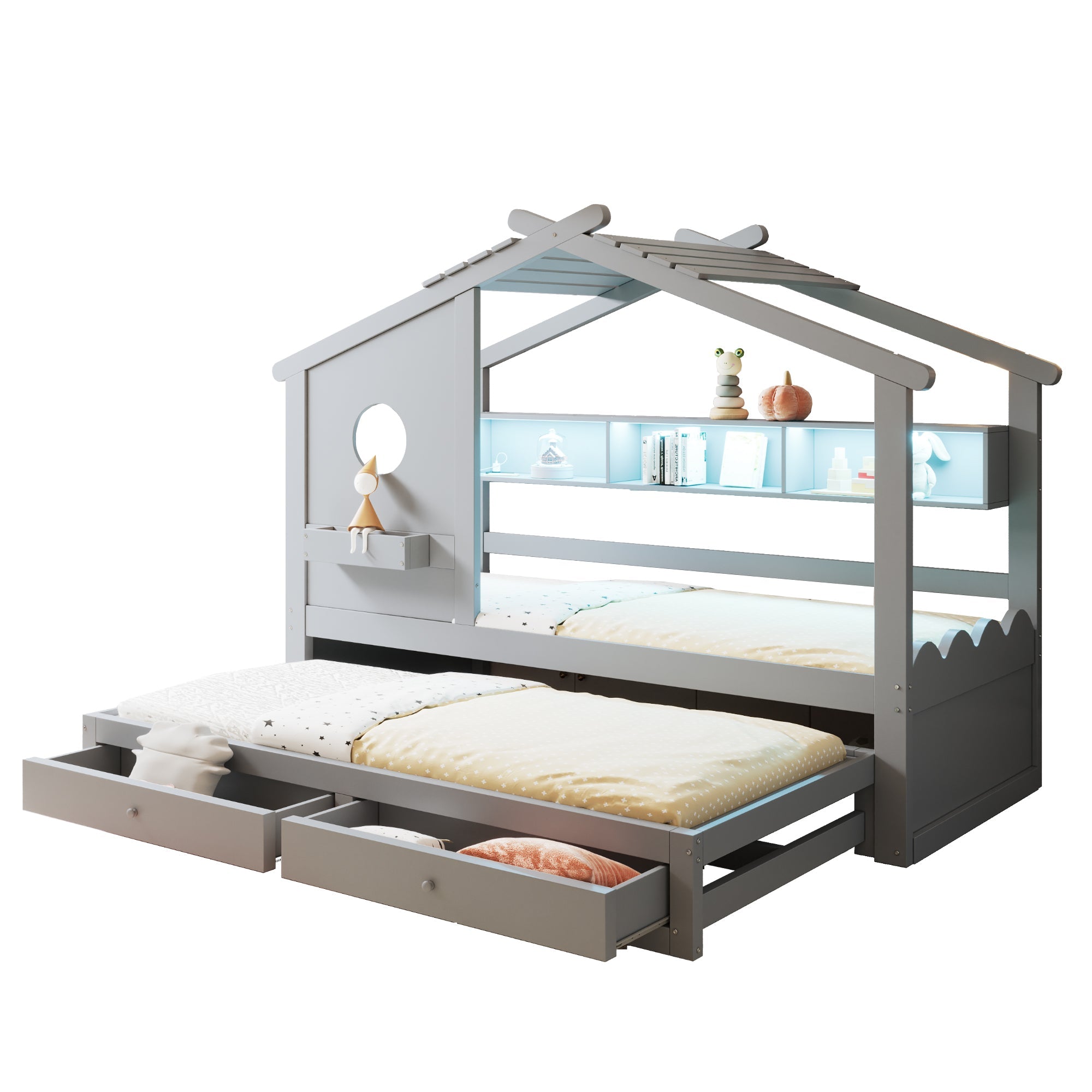 Children's Bed with Pull-out Bed, House Design, Two Drawers, LED and USB, 90x200cm, Grey