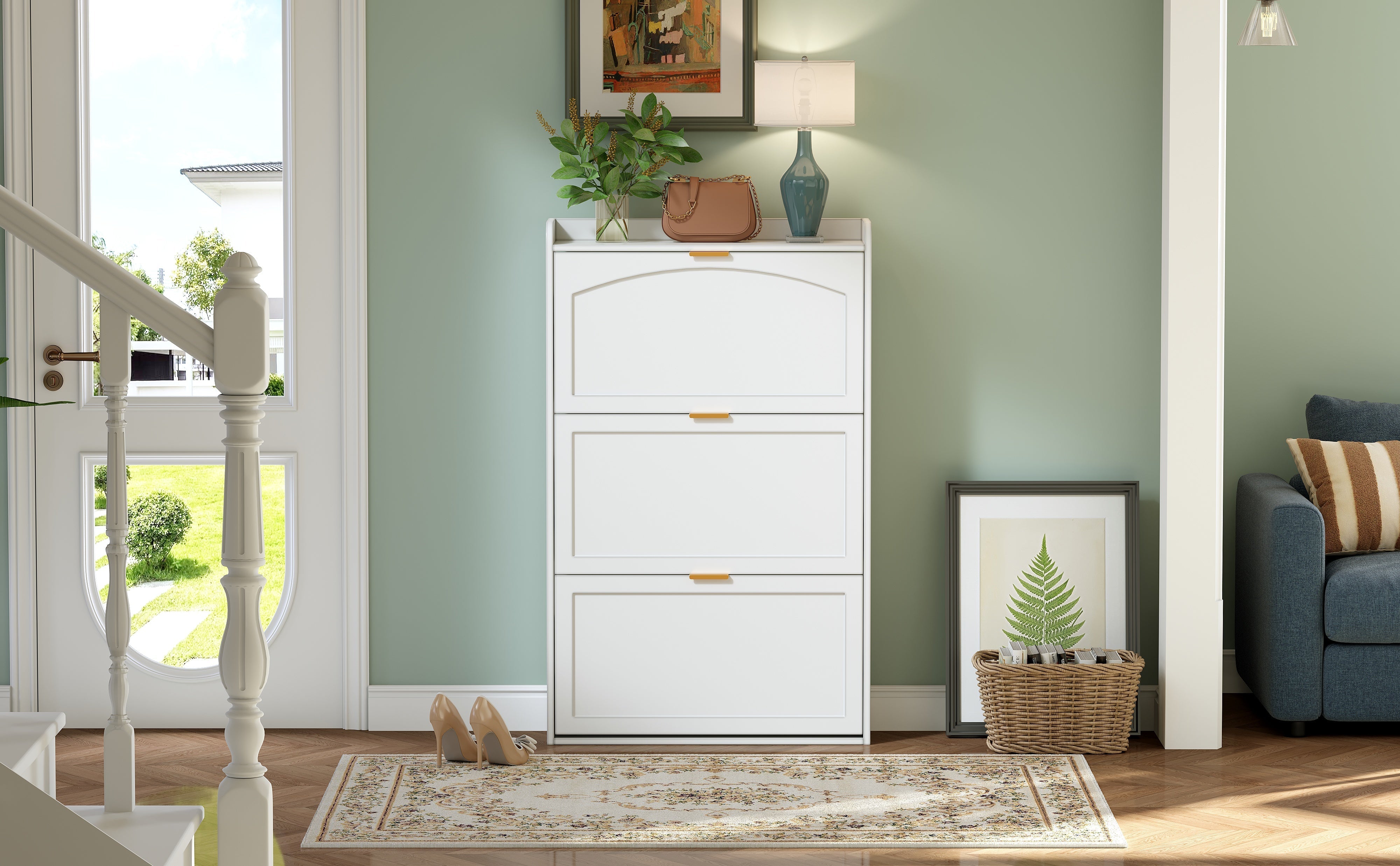 Narrow Shoe Cabinet 3 Flaps 76x23x118cm - White