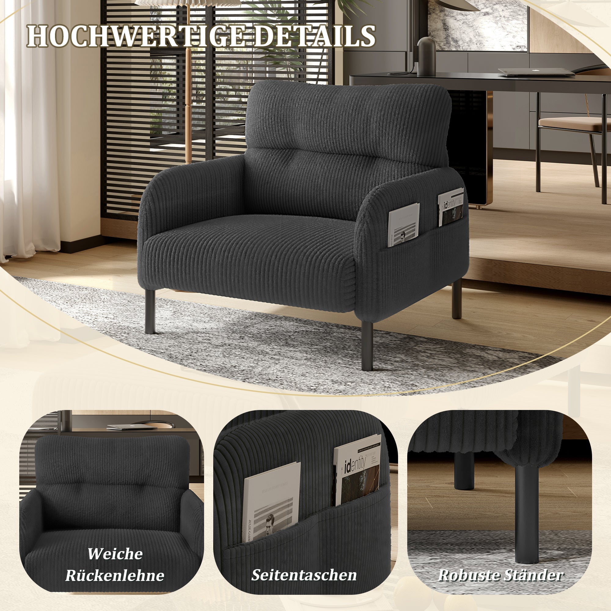 Sofa/Chair with Side Pockets, Comfortable Solid Structure, Velvet Fabric