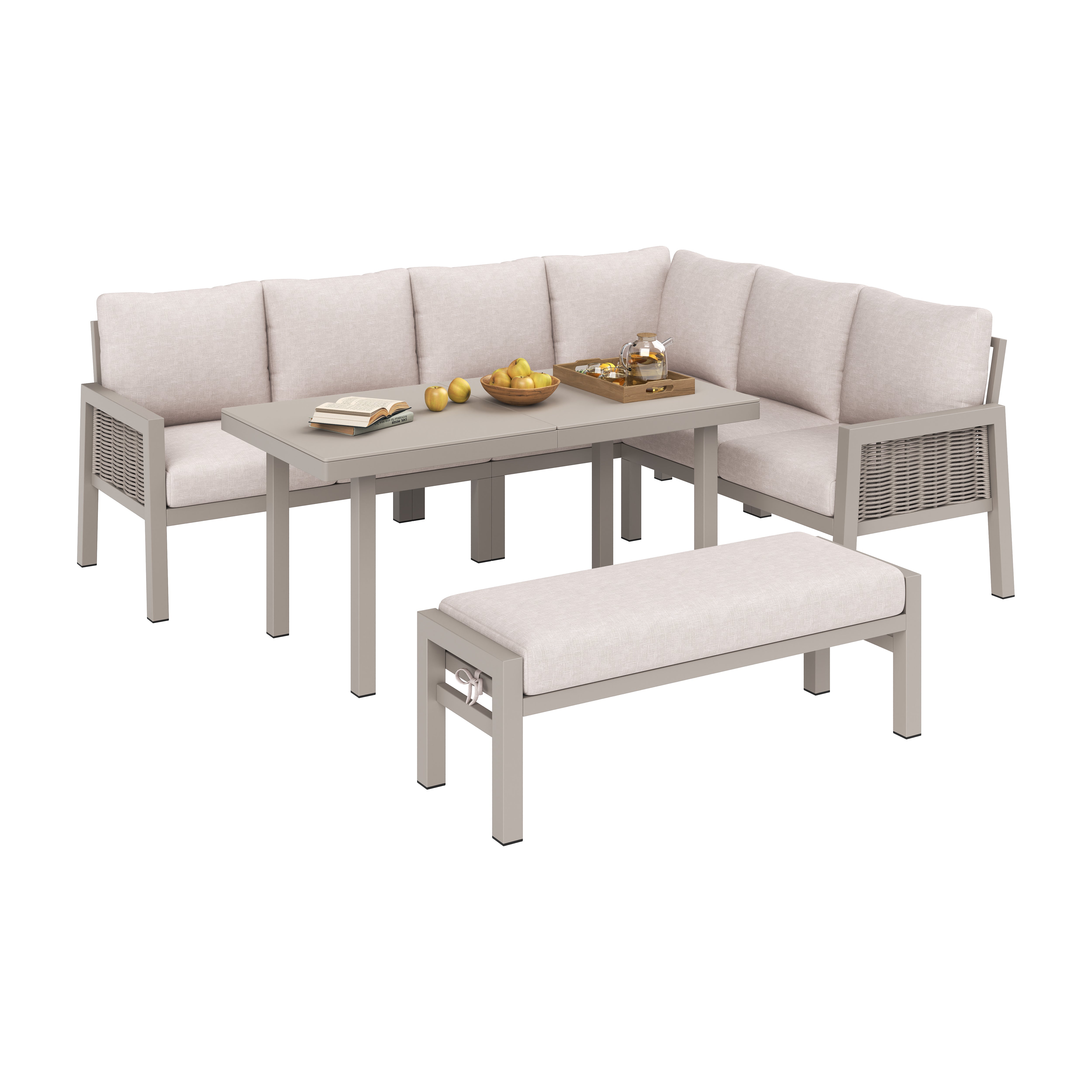Garden Dining Set with Corner Sofa, Benches, and Glass Tabletop, 8-Person PE Rope and Galvanized Iron, Khaki