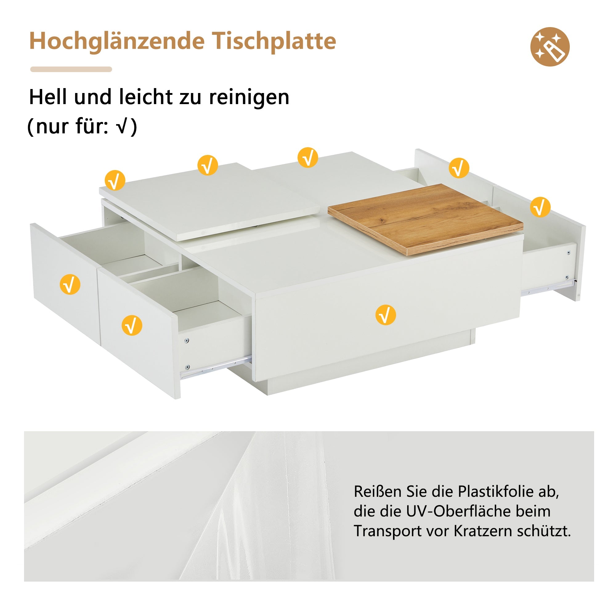 Coffee Table, Square with Storage & Sliding Tabletop, High-Gloss White Wood