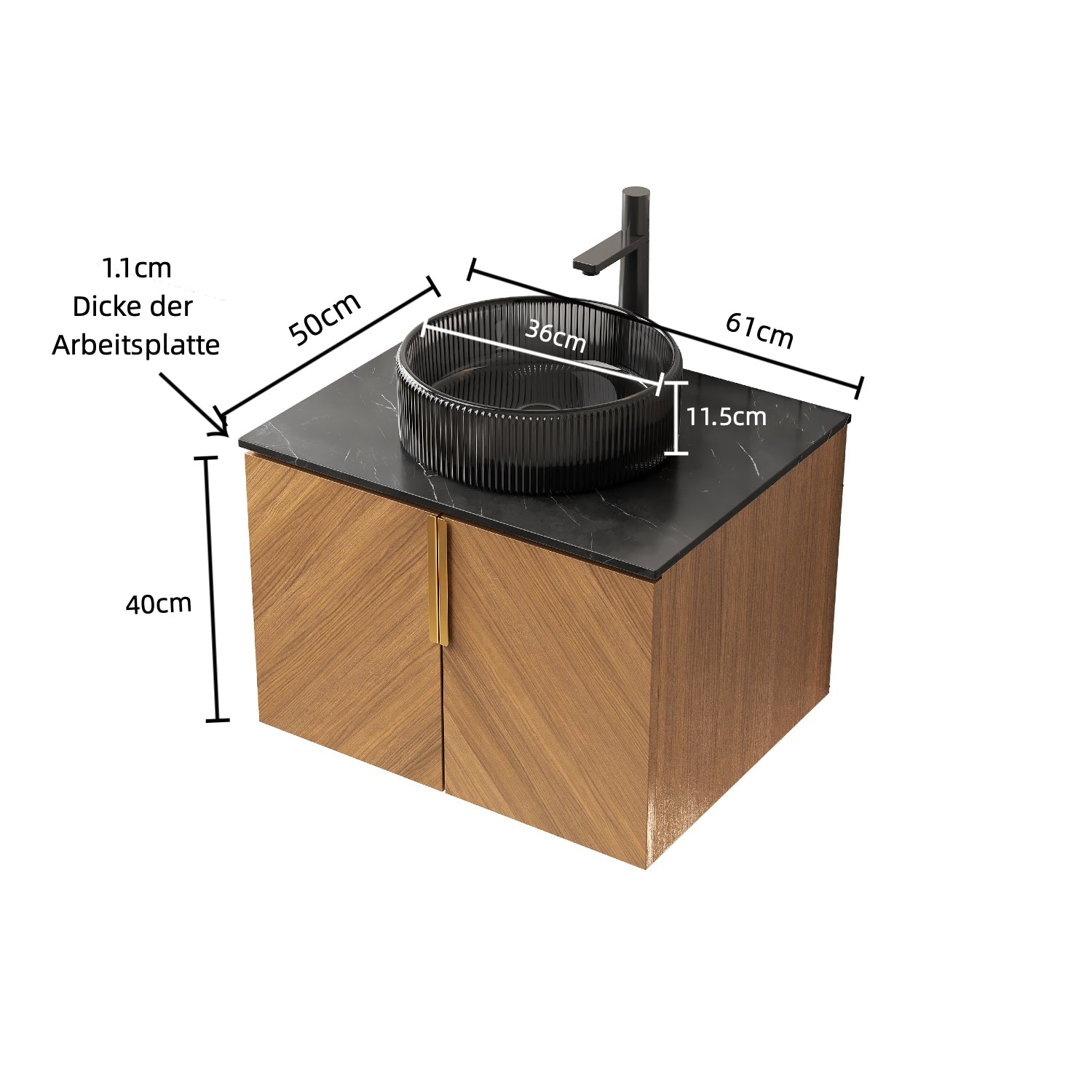 ARAI 61cm Wall Mount Bathroom Vanity with Black Round Glass Basin and 2 Doors, Espresso Wood Grain