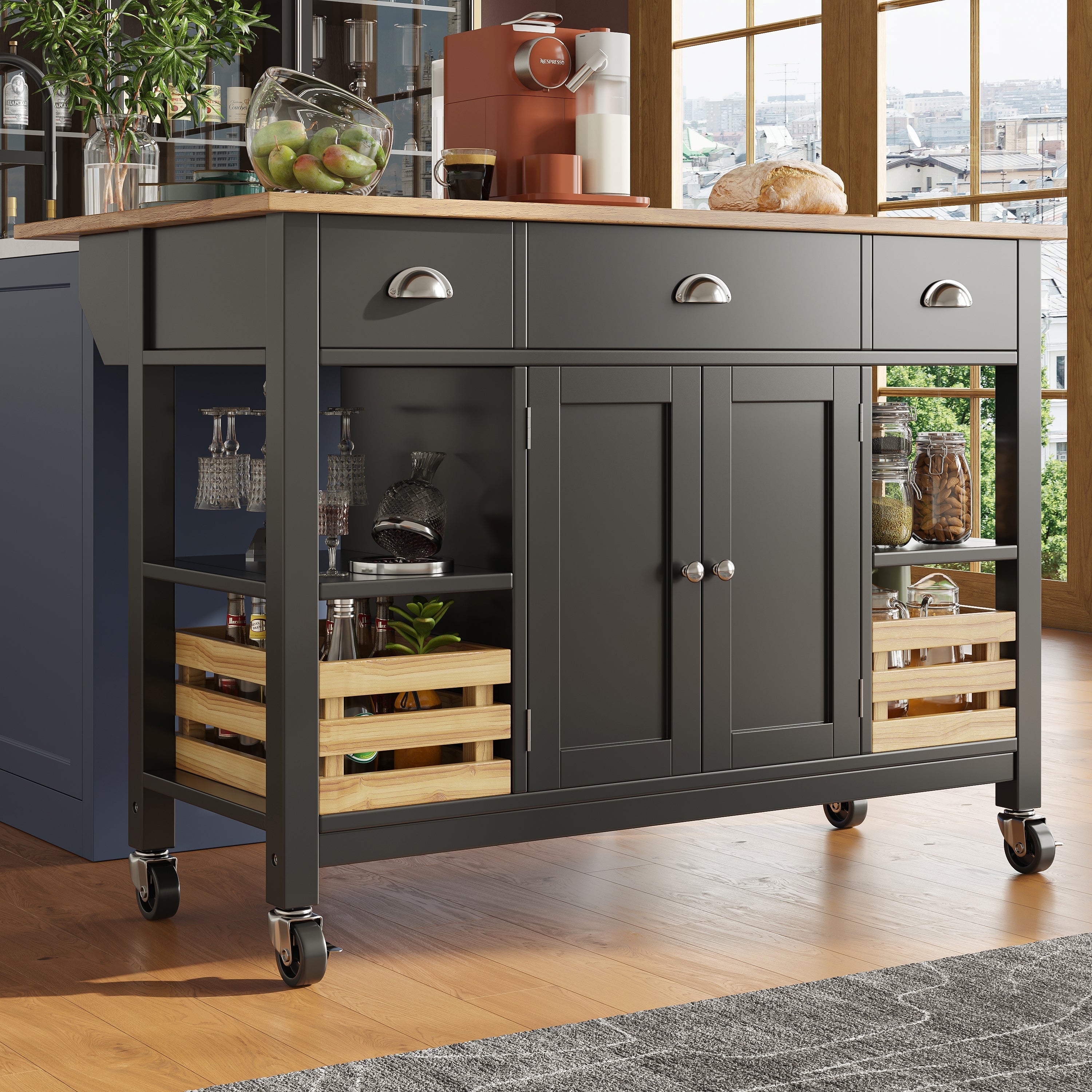 Kitchen Island 120x45x90cm Multifunctional Dining Cabinet Storage Basket - Black