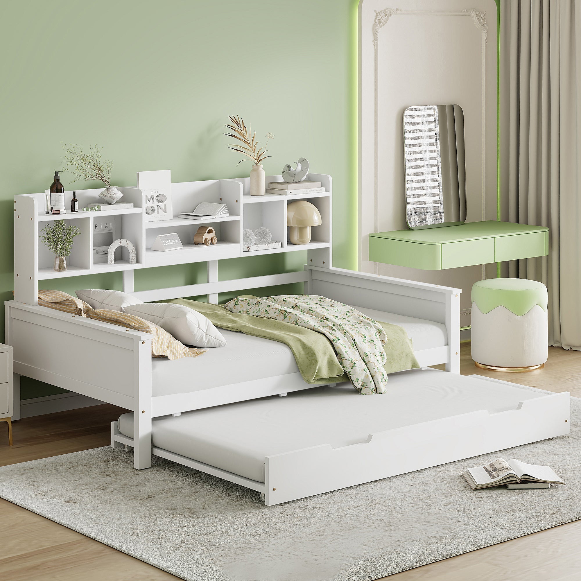 Extendable Sofa Bed 90x200CM Storage Pull-Out Bed, Pine Solid Wood White
