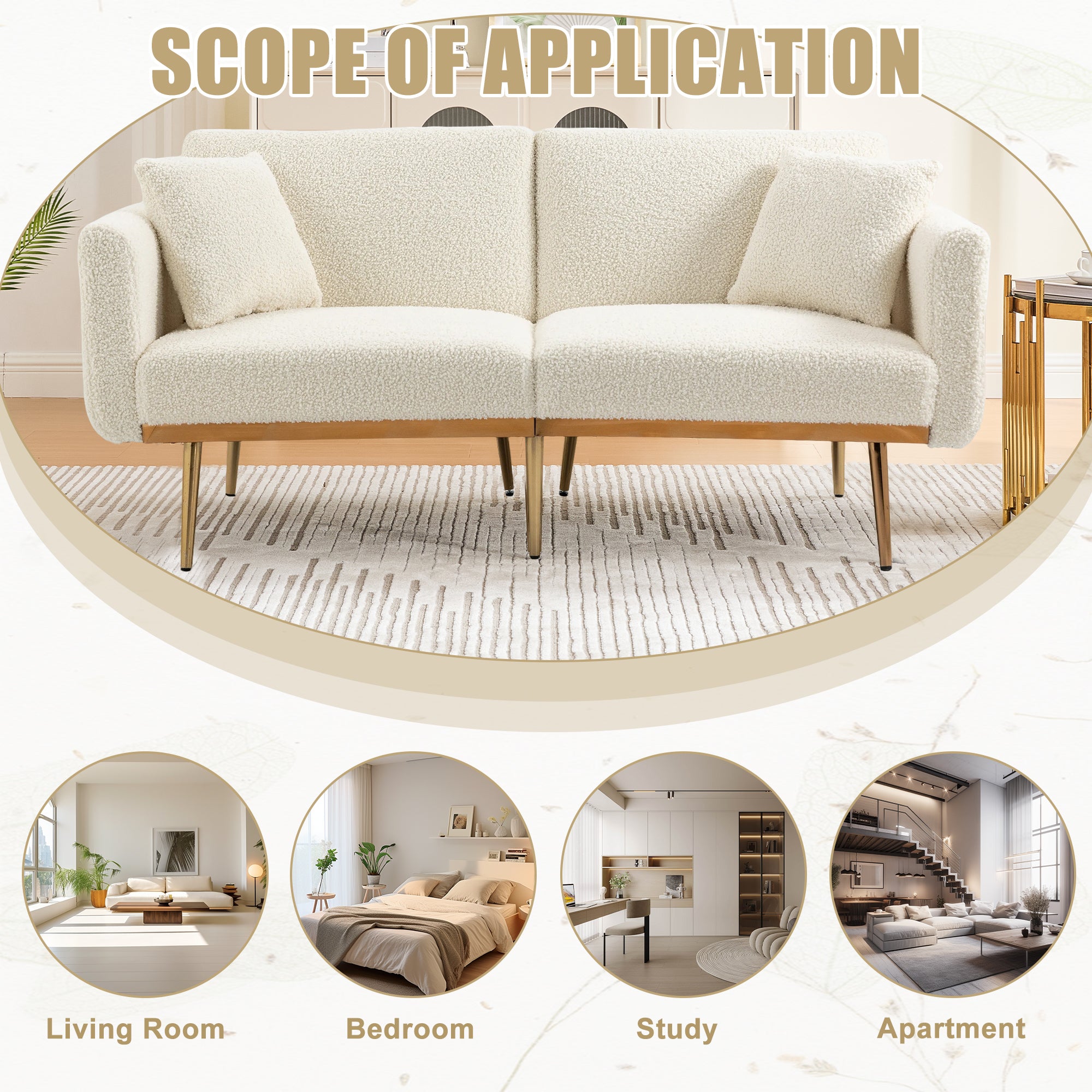 GOMYWAY Modern 2-Seater Sofa 3-Speed Adjustable Backrest Gold Metal Legs White Teddy