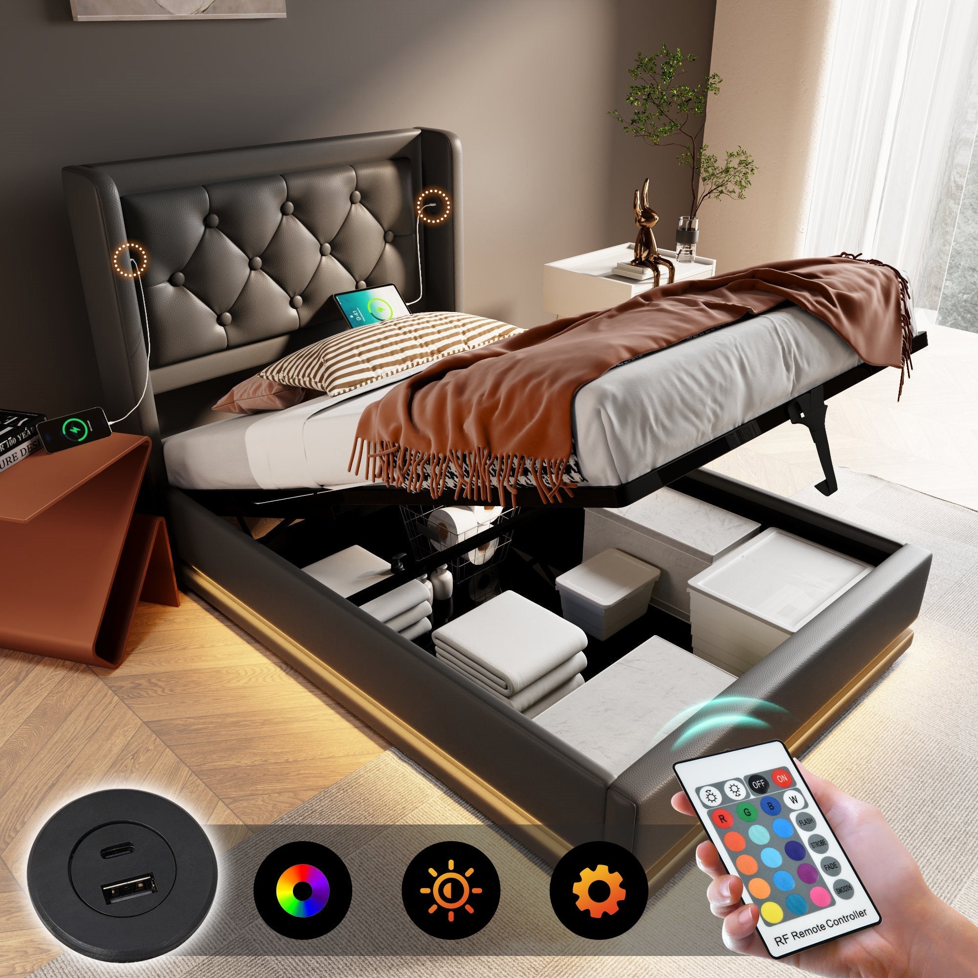 Upholstered Single Bed 90x200cm Hydraulic Storage USB-C LED Headboard, Black PU
