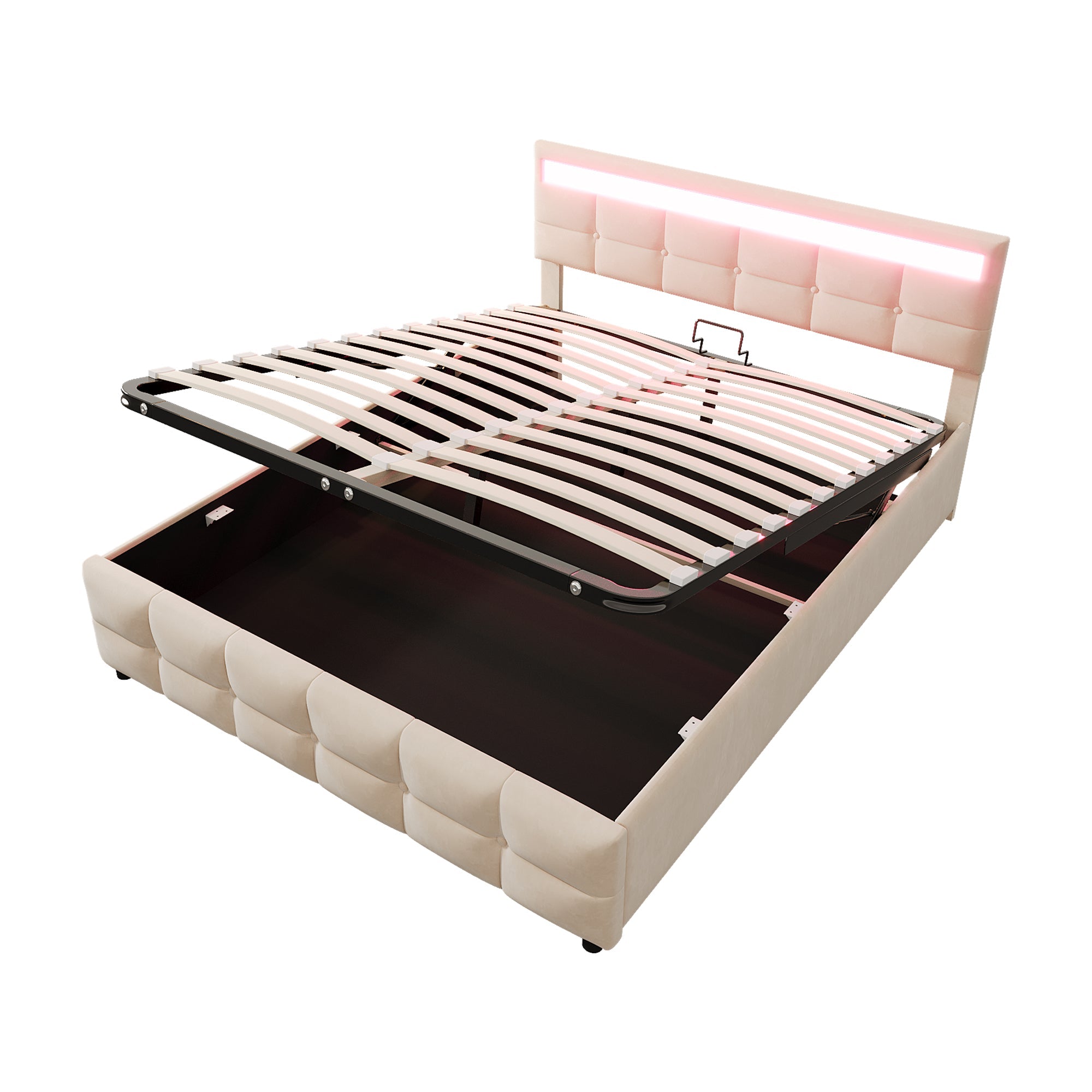 Upholstered Bed 180x200cm LED Hydraulic Slatted Frame, Dutch Velvet Beige