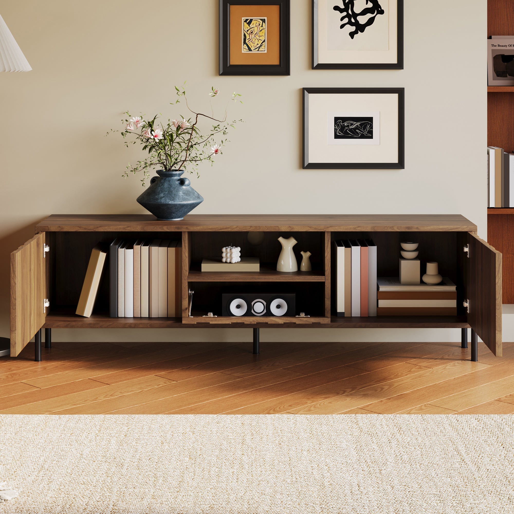 TV Cabinet with Three Doors, Low Cabinet 160x35x46cm, MDF Natural