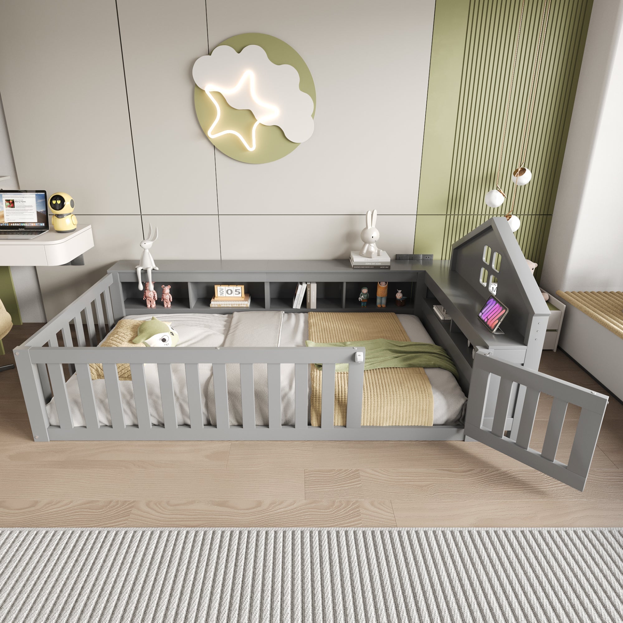 Children's Bed 90x200cm, Roof & Window, Storage, Safety Gate & Door, Solid Wood, Grey