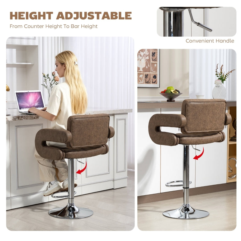 PU Leather Swivel Bar Stool, Height Adjustable with Back and Armrest, Coffee
