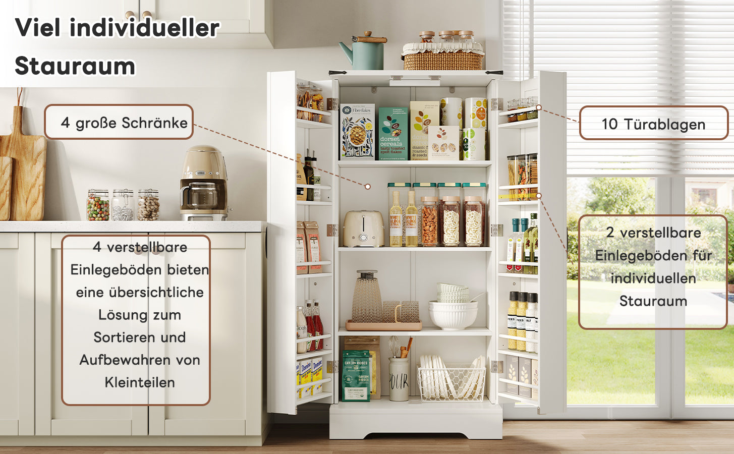 Pantry Cabinet 128.5cm Farmhouse LED 2 Doors Adjustable Shelves - White