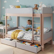 Bunk Bed with Anti-Collision Edge, Straight Staircase and Two Drawers, 90x200cm, Grey and Natural Rubberwood + MDF
