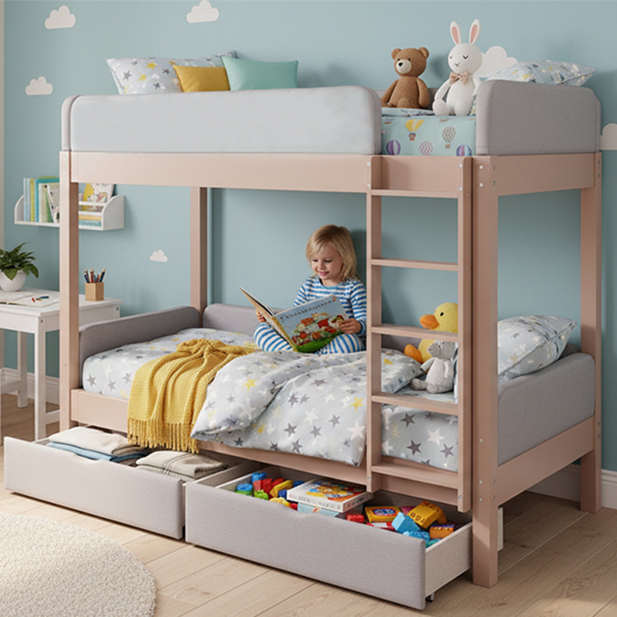 Bunk Bed with Anti-Collision Edge, Straight Staircase and Two Drawers, 90x200cm, Grey and Natural Rubberwood + MDF
