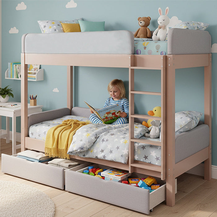 Bunk Bed with Anti-Collision Edge, Straight Staircase and Two Drawers, 90x200cm, Grey and Natural Rubberwood + MDF