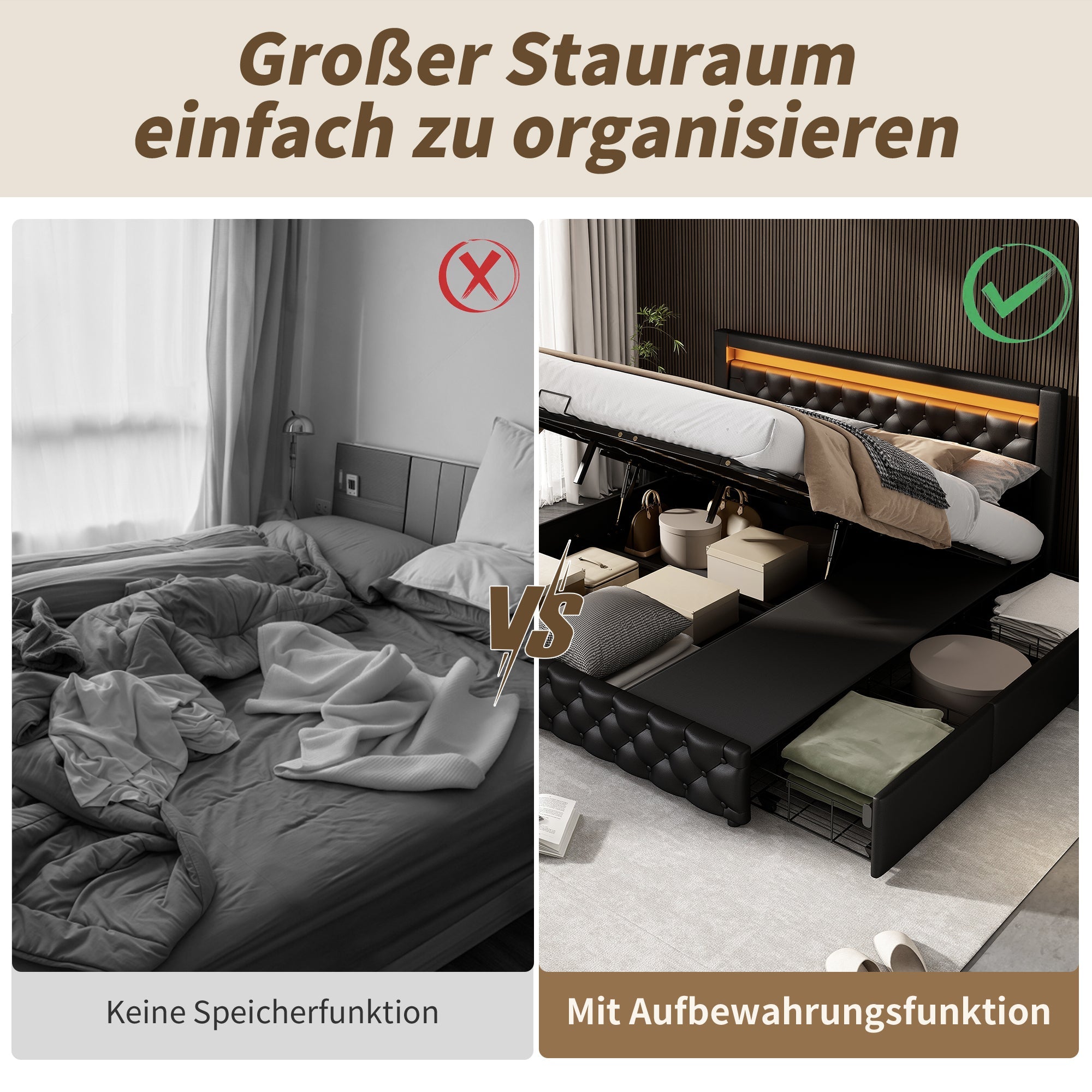 Upholstered Bed 180x200cm, Double Storage Bed with Drawers and LED Light Strip, Black PU