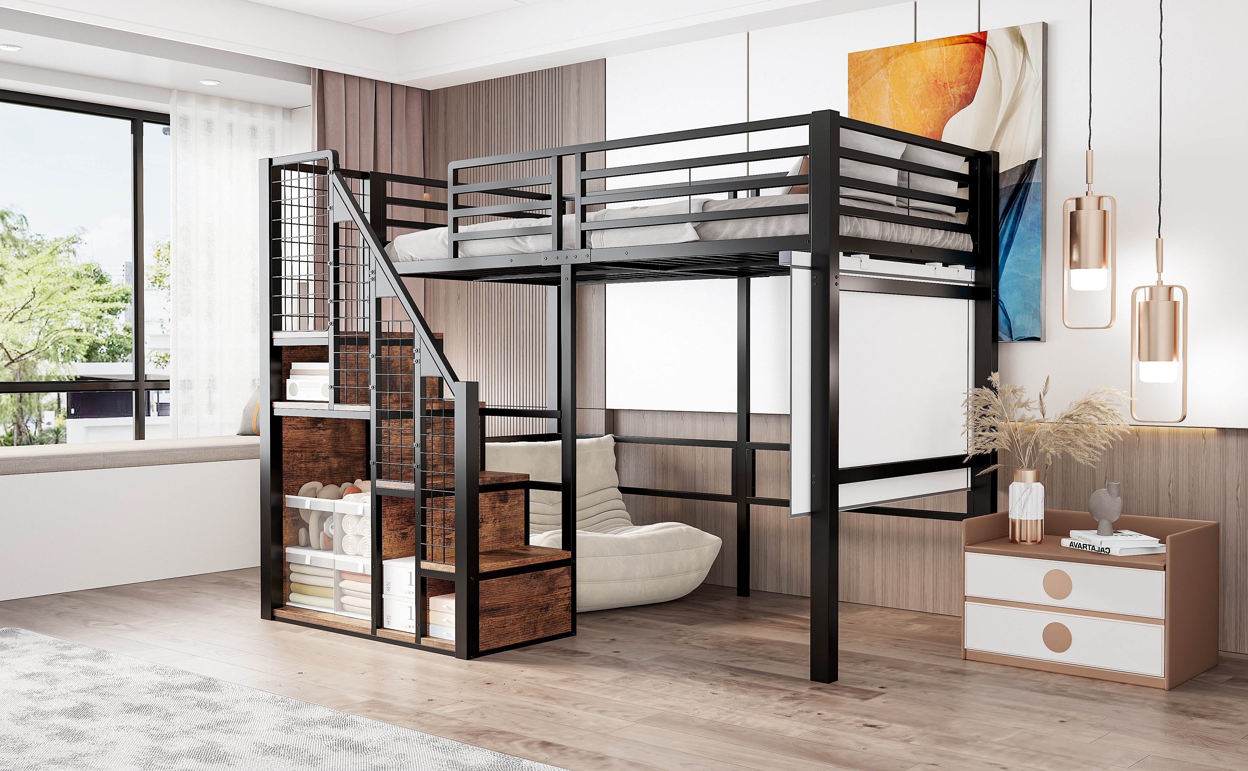 Bunk Bed 90x200cm Iron Frame with Storage Area Safety Ladder Black