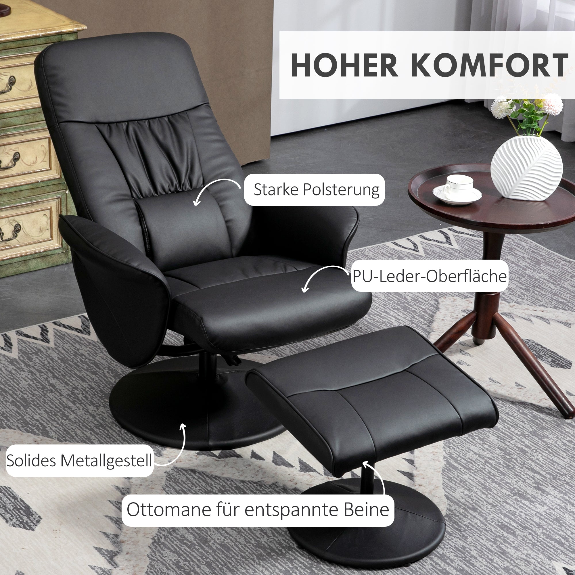 Relaxliegesessel mit Hocker, drehbarer gepolsterter Fernsehsessel, Kunstleder, Schwarz