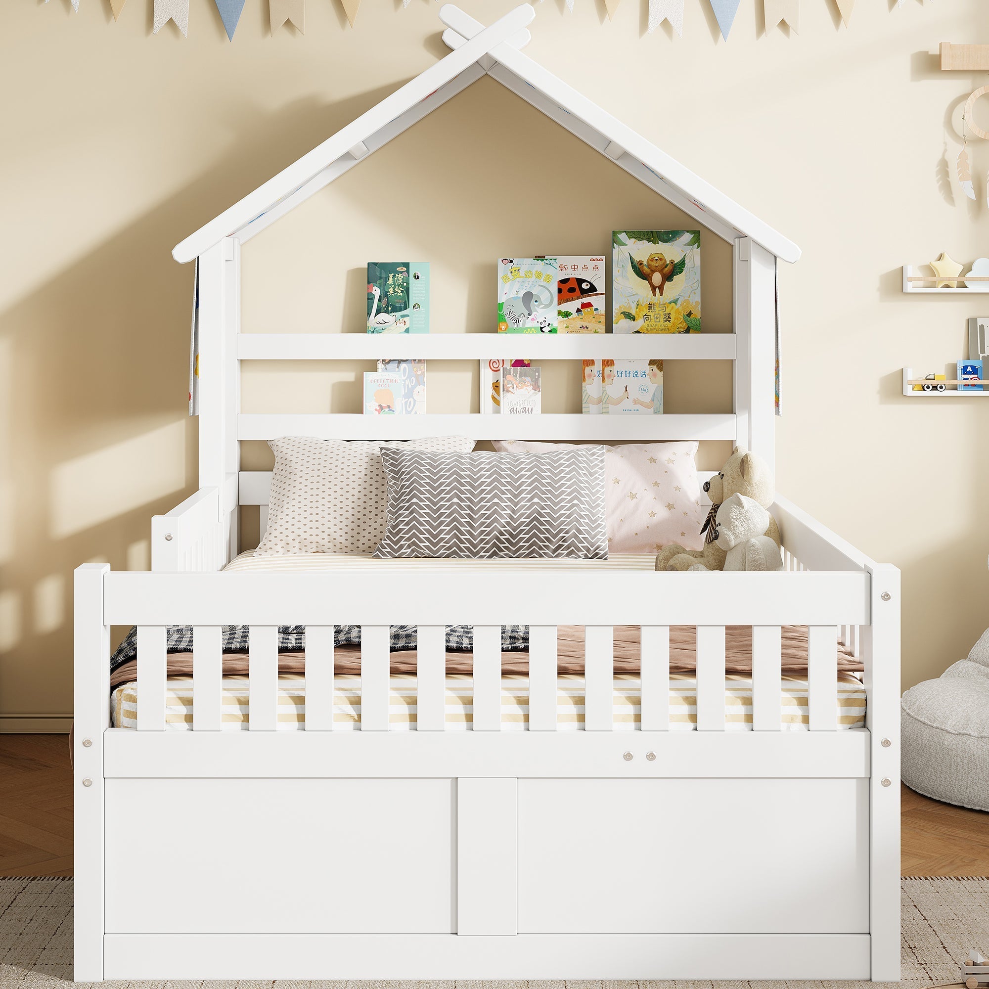 House-Shaped Platform Bed with Pull-out Bed, 3 Drawers and Safety Rails, 140x200cm, White Wood