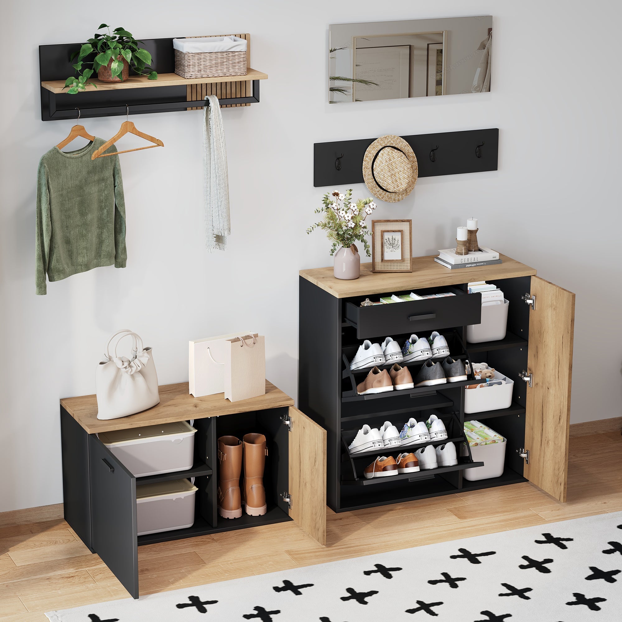 Wardrobe Set with Mirror, 2 Shoe Cabinets & Bench, Hallway Storage