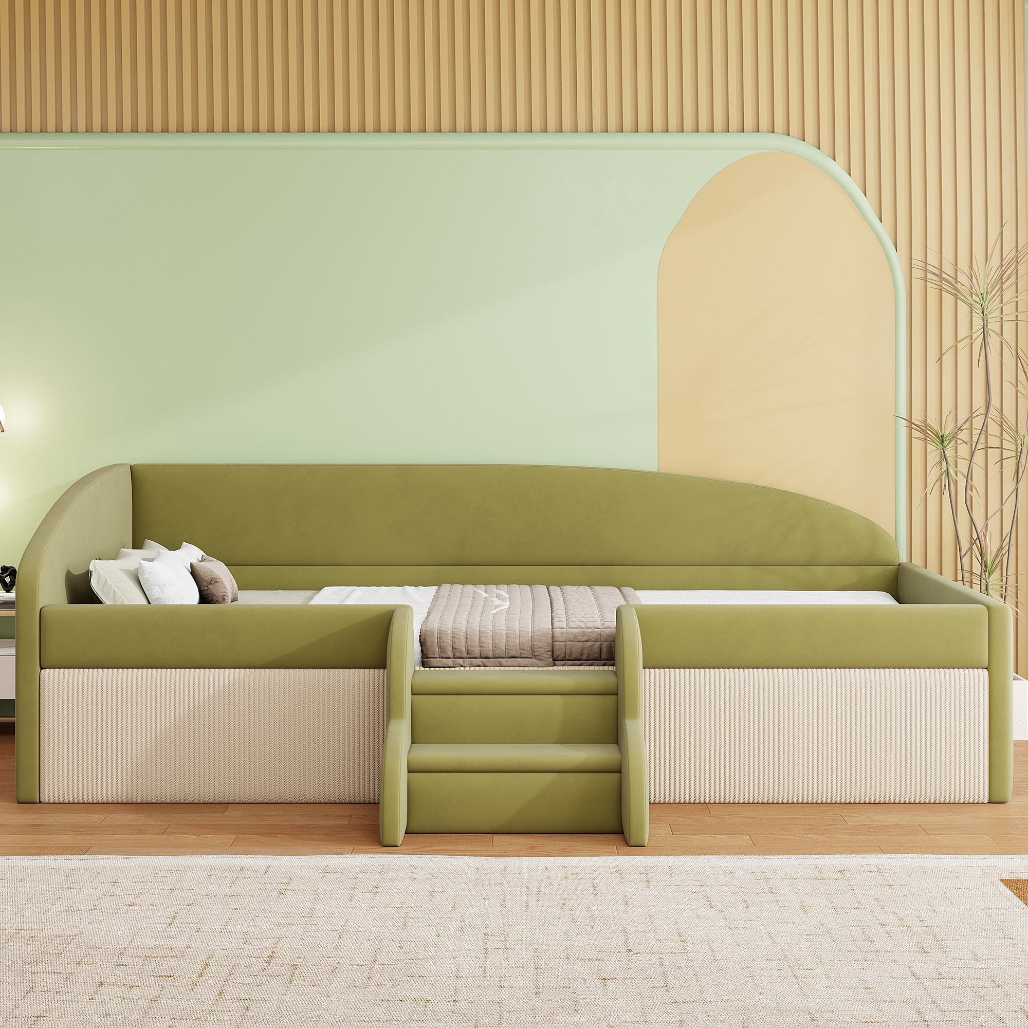 Upholstered Sofa Bed 90x190cm Multi-function Steps Railings - Dark Green/Cream White Velvet
