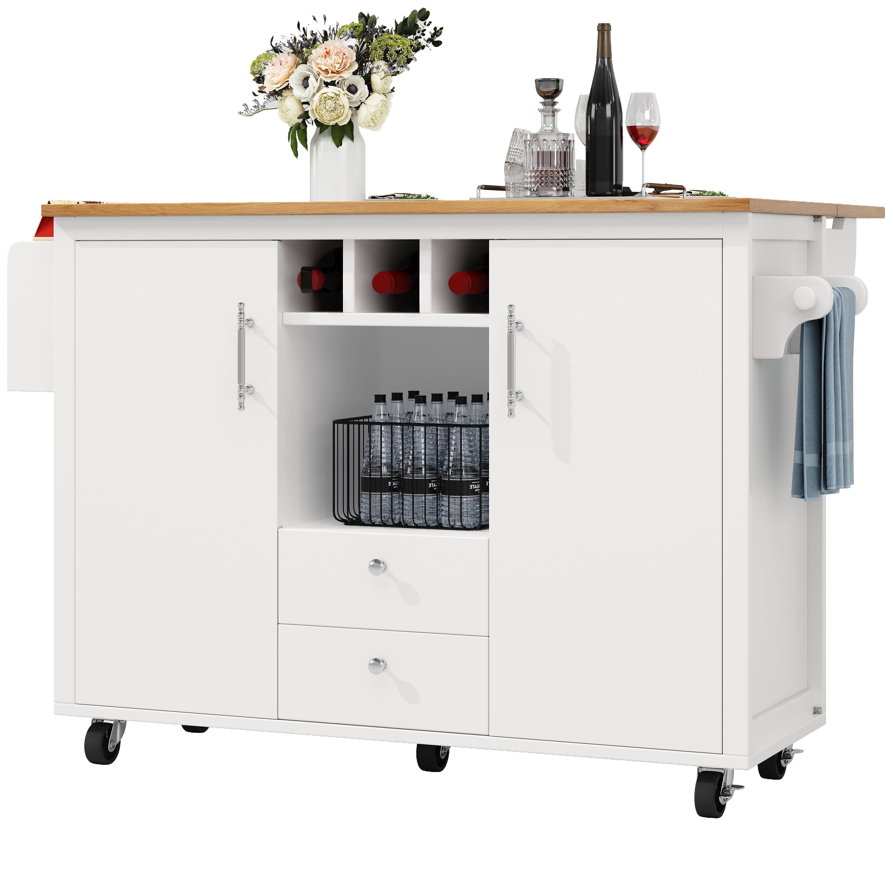 Kitchen Island Trolley with Fold-Down Worktop Storage & Adjustable Shelves - White/Black