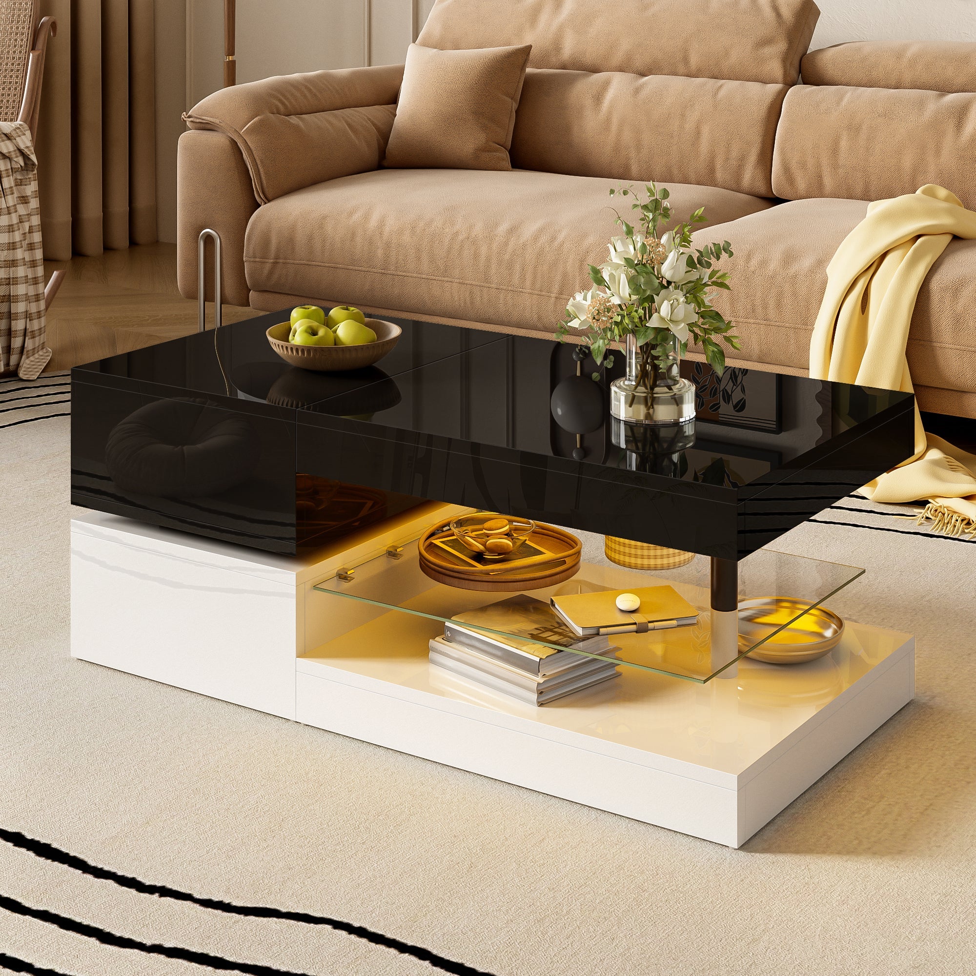 Coffee Table with LED Lighting, Bluetooth, Glass Shelf, Black & White