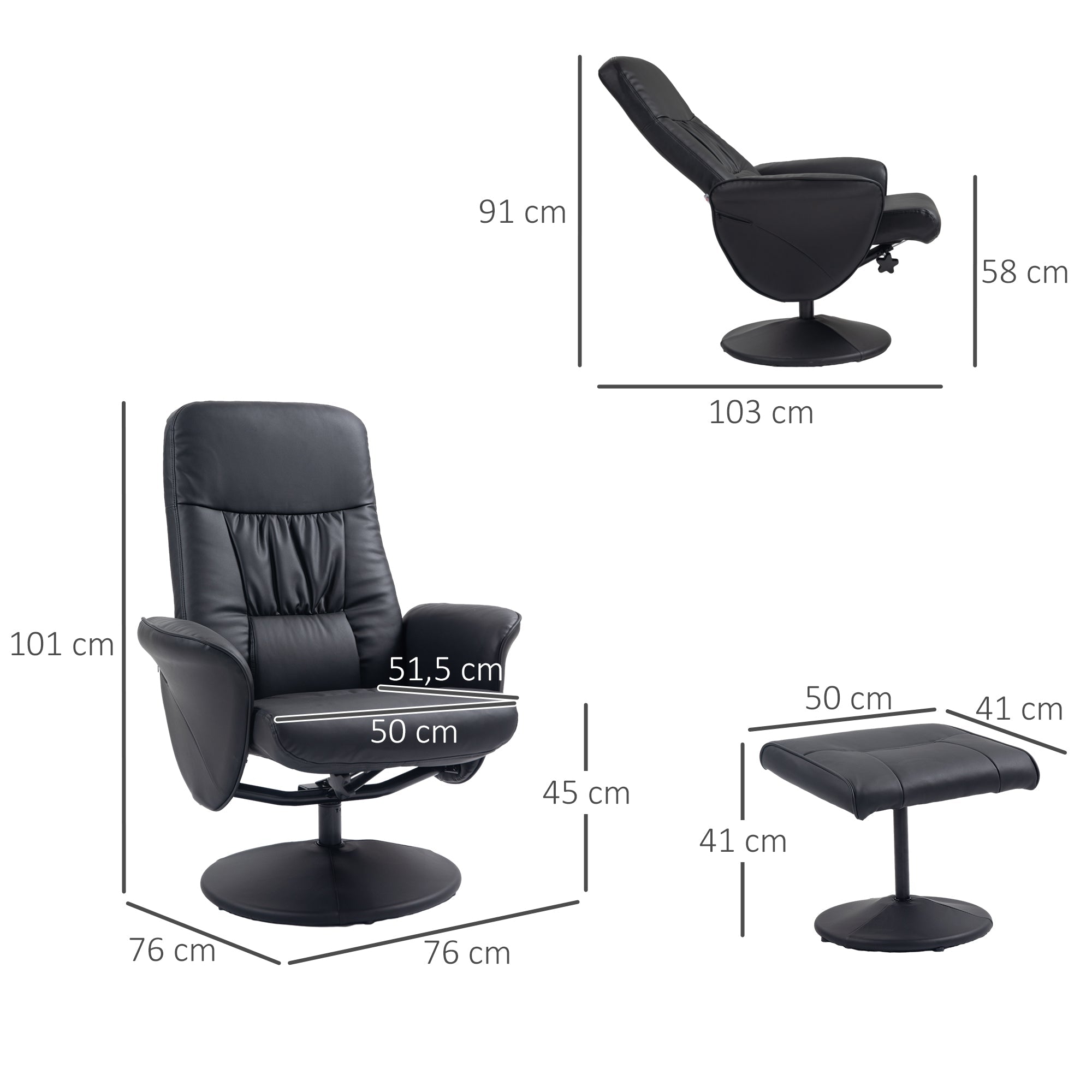 Relaxliegesessel mit Hocker, drehbarer gepolsterter Fernsehsessel, Kunstleder, Schwarz