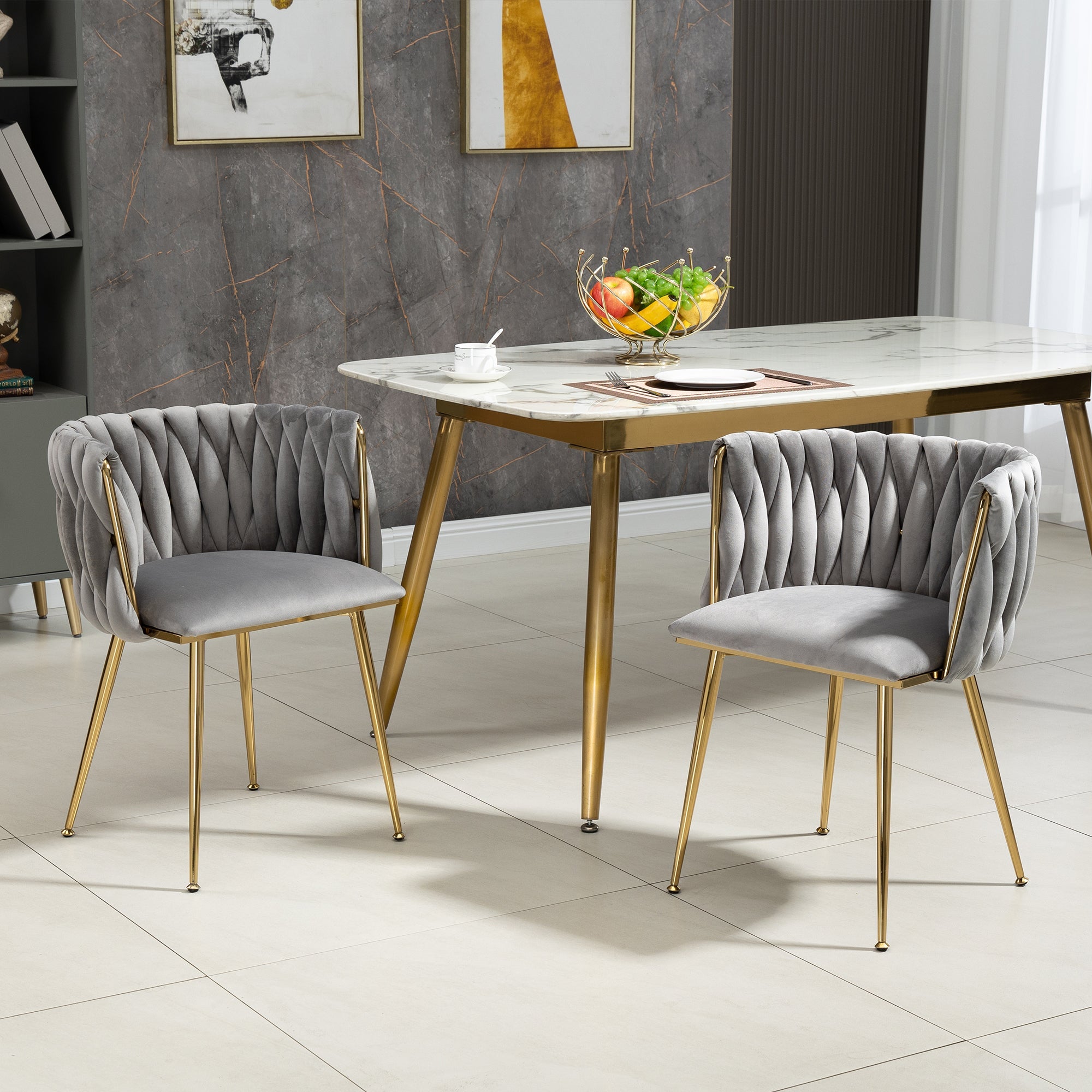 Velvet Dining Chair Set, Luxurious with Gold Metal Legs, Handwoven Design
