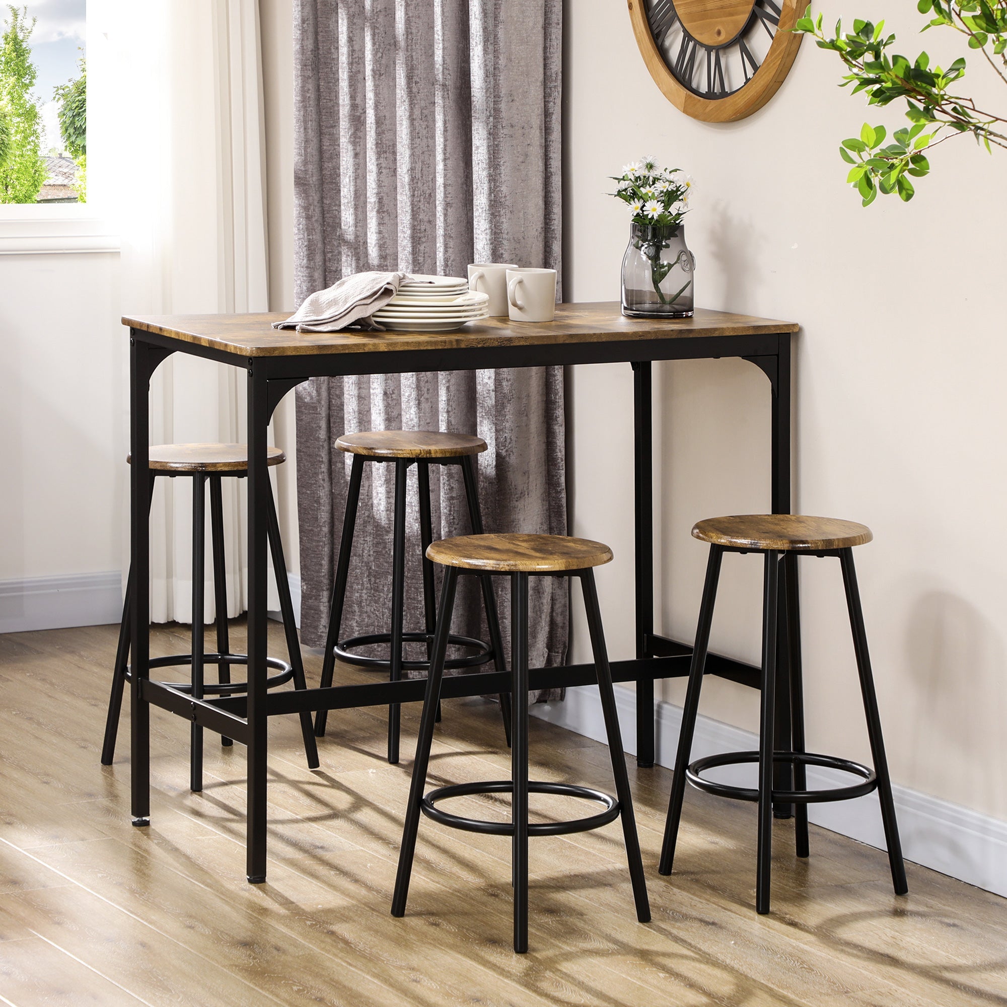5-Piece Bar Table Set, 4 Bar Stools Industrial Design Rustic Brown Metal