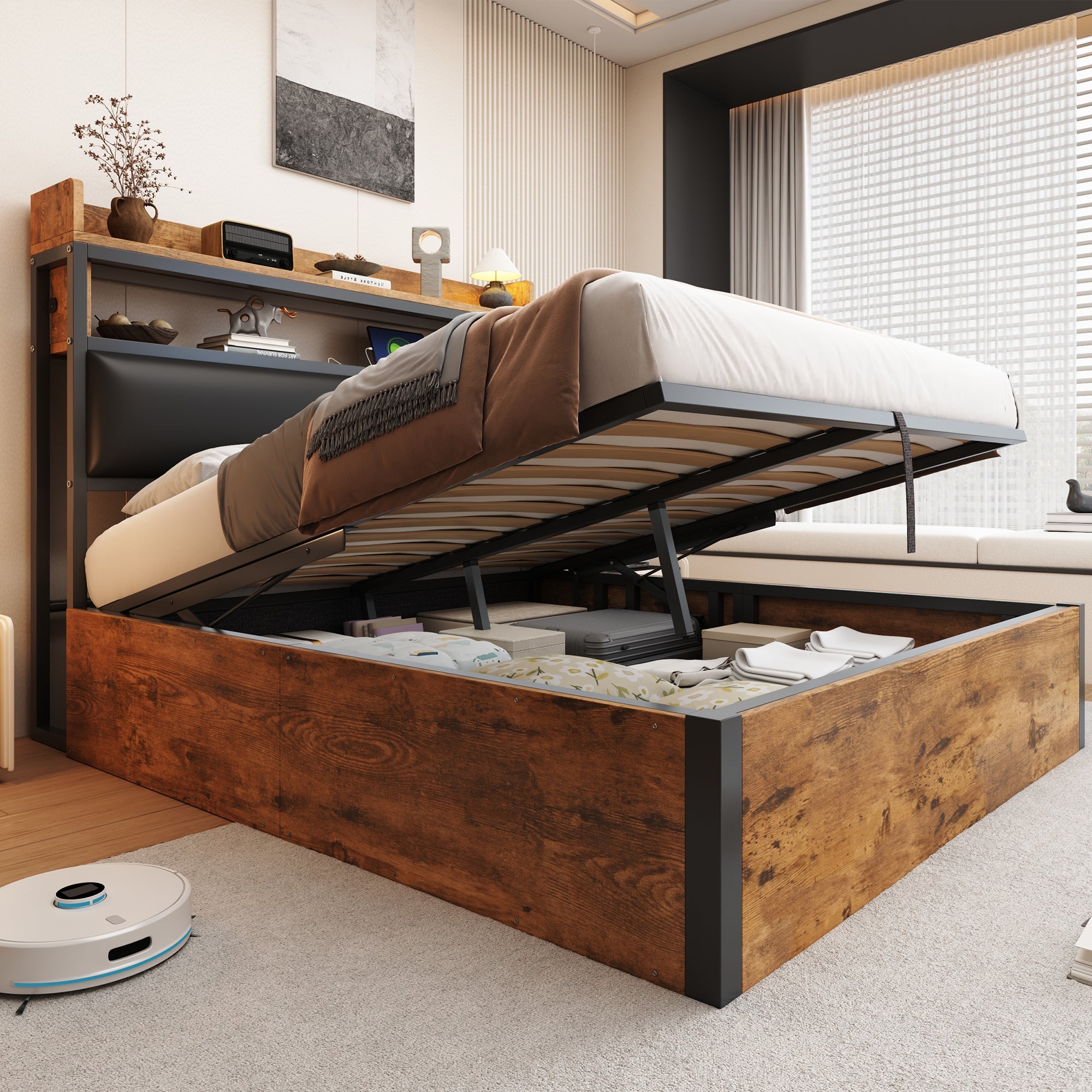 Bed Frame, 140x200, Hydraulic Lift, USB, Upholstered Headboard, Hidden Storage, Wood and Metal, Black