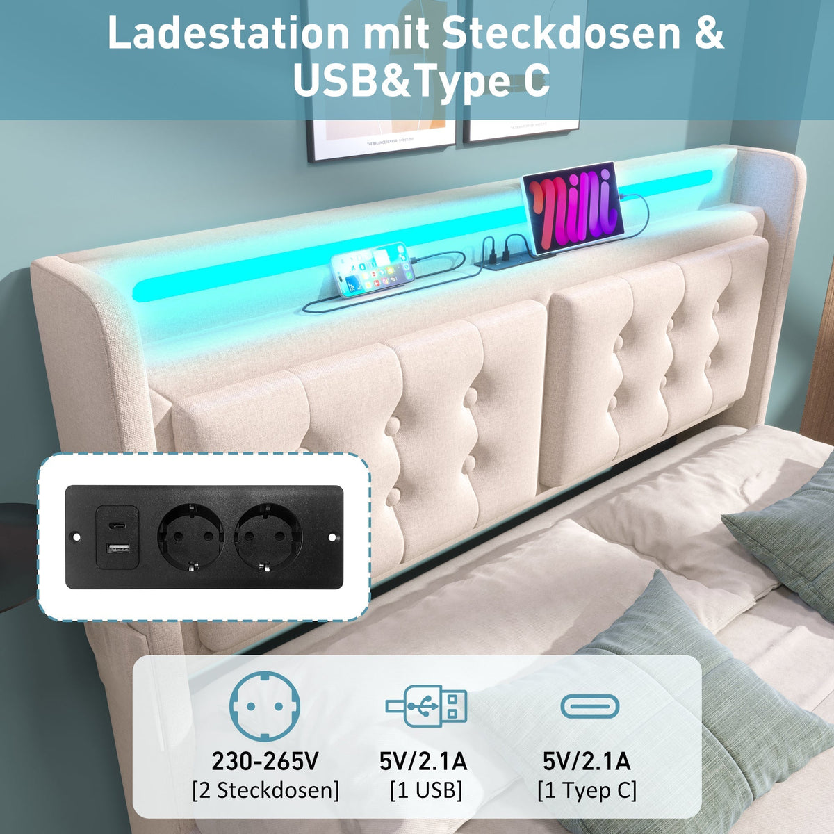 Upholstered Bed 140x200 Double LED Headboard USB Hydraulic Storage, Beige Cotton (with Mattress)