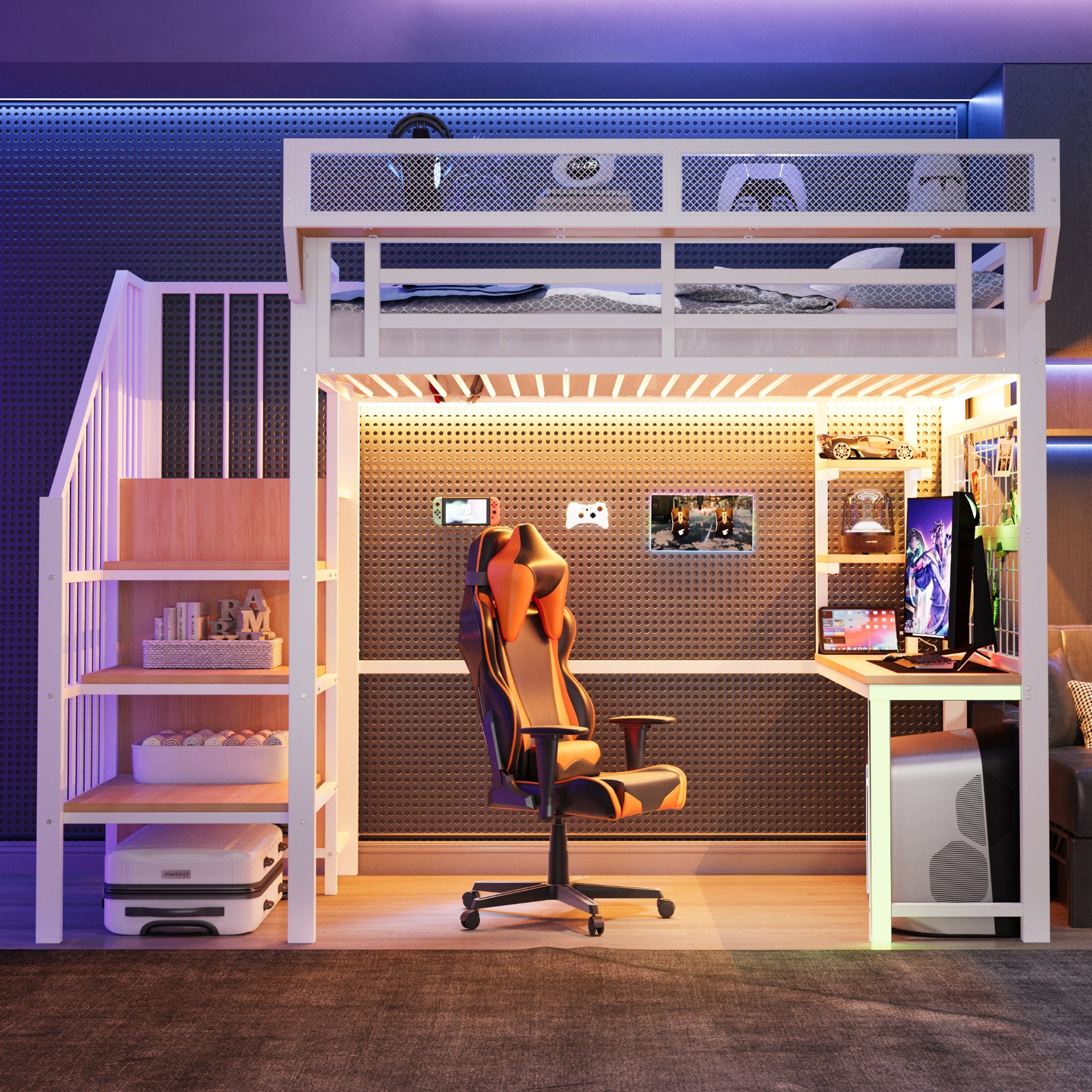 Metal Loft Bed with Desk, Shelf, LED and Socket, 90x200cm, White Metal