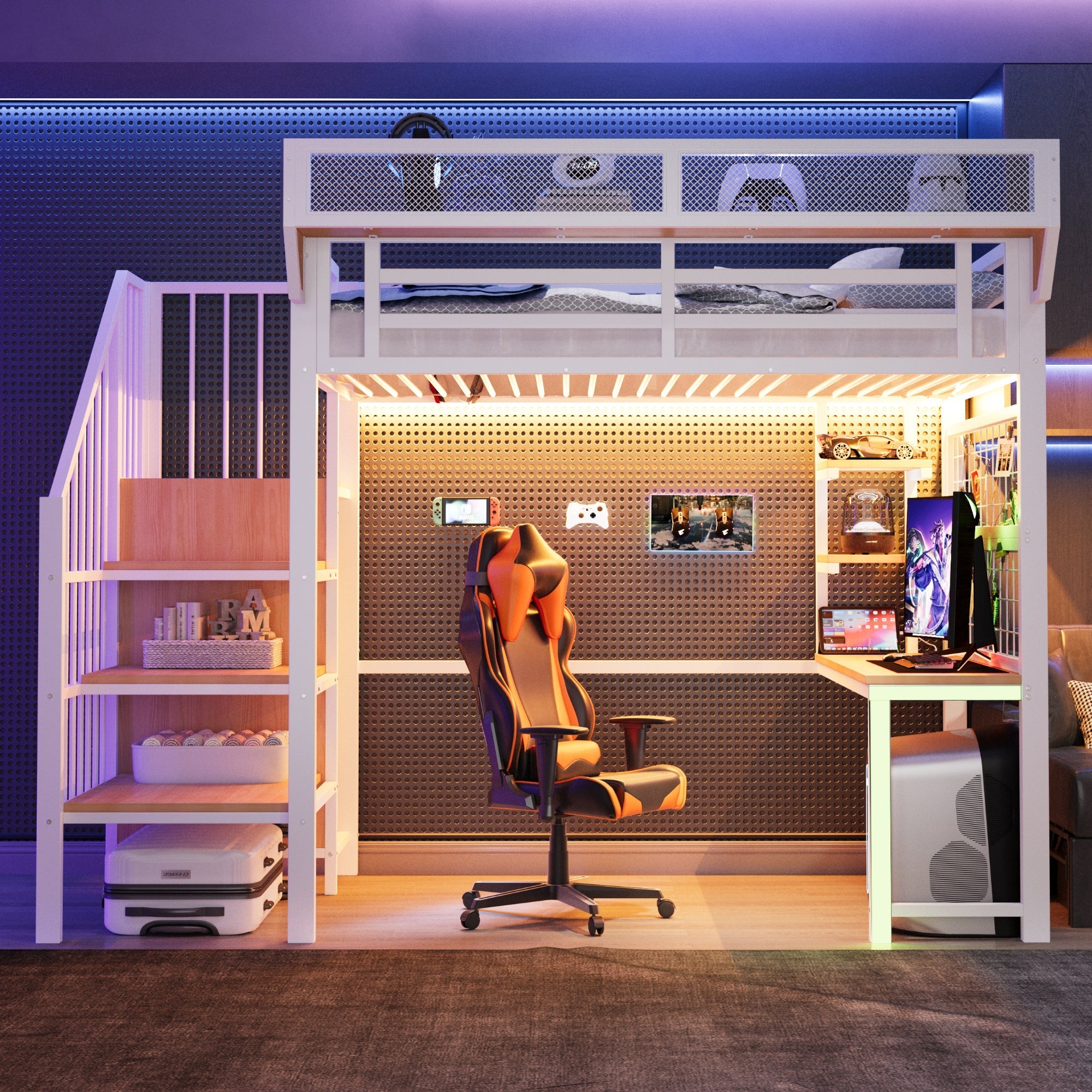 Metal Loft Bed with Desk, Shelf, LED and Socket, 90x200cm, White Metal