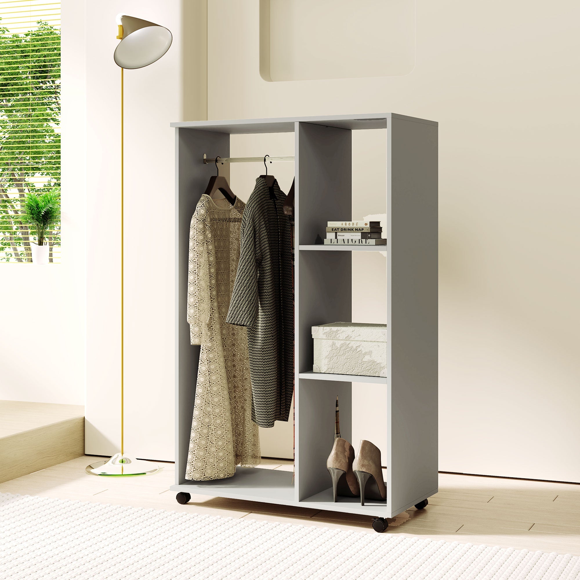 Open Wardrobe on Wheels, Clothes Hanging Rail, 3 Storage Shelves - Grey