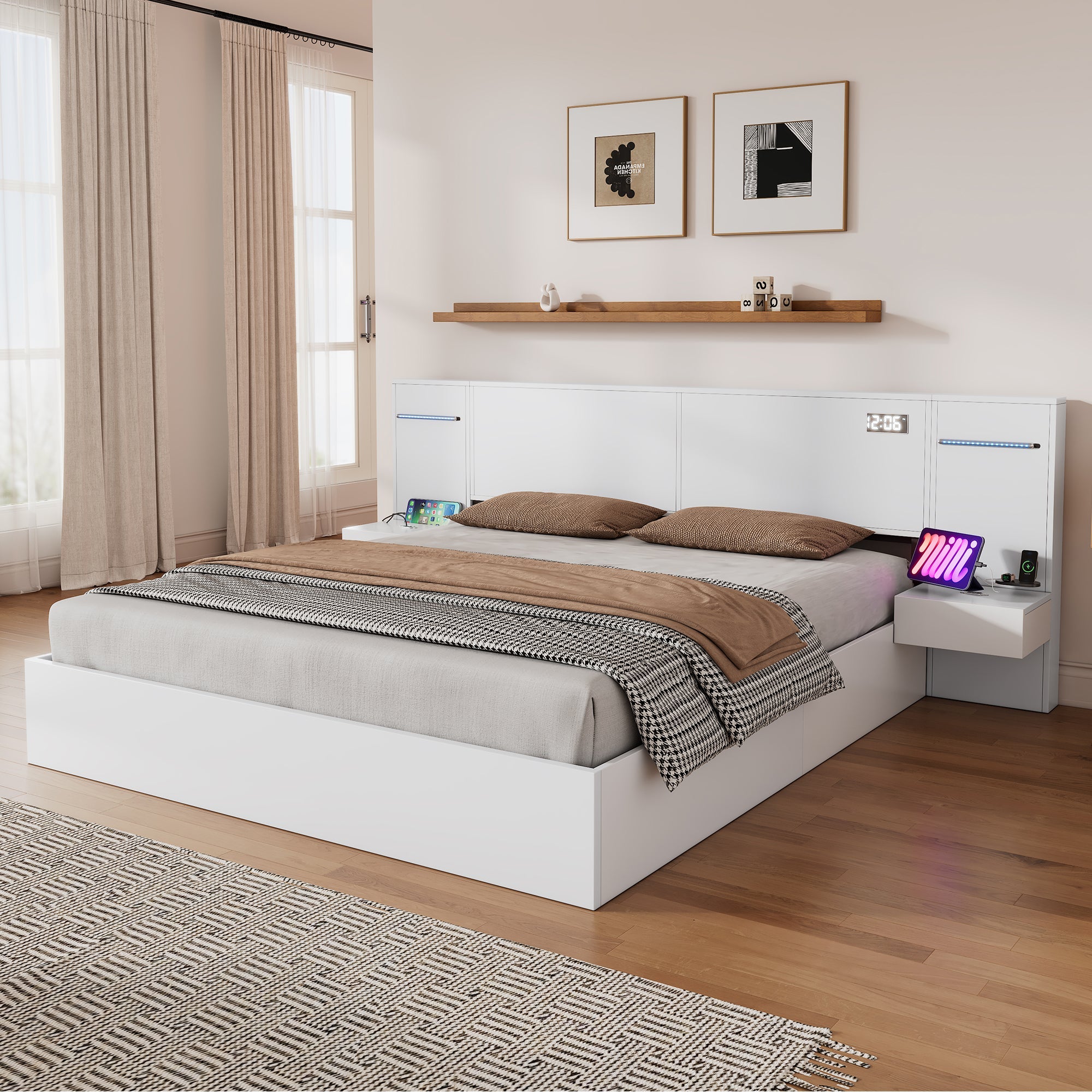 Double Bed with USB Port, Bluetooth Speaker, LED and 2 Bedside Tables, 180x200cm, White Wood