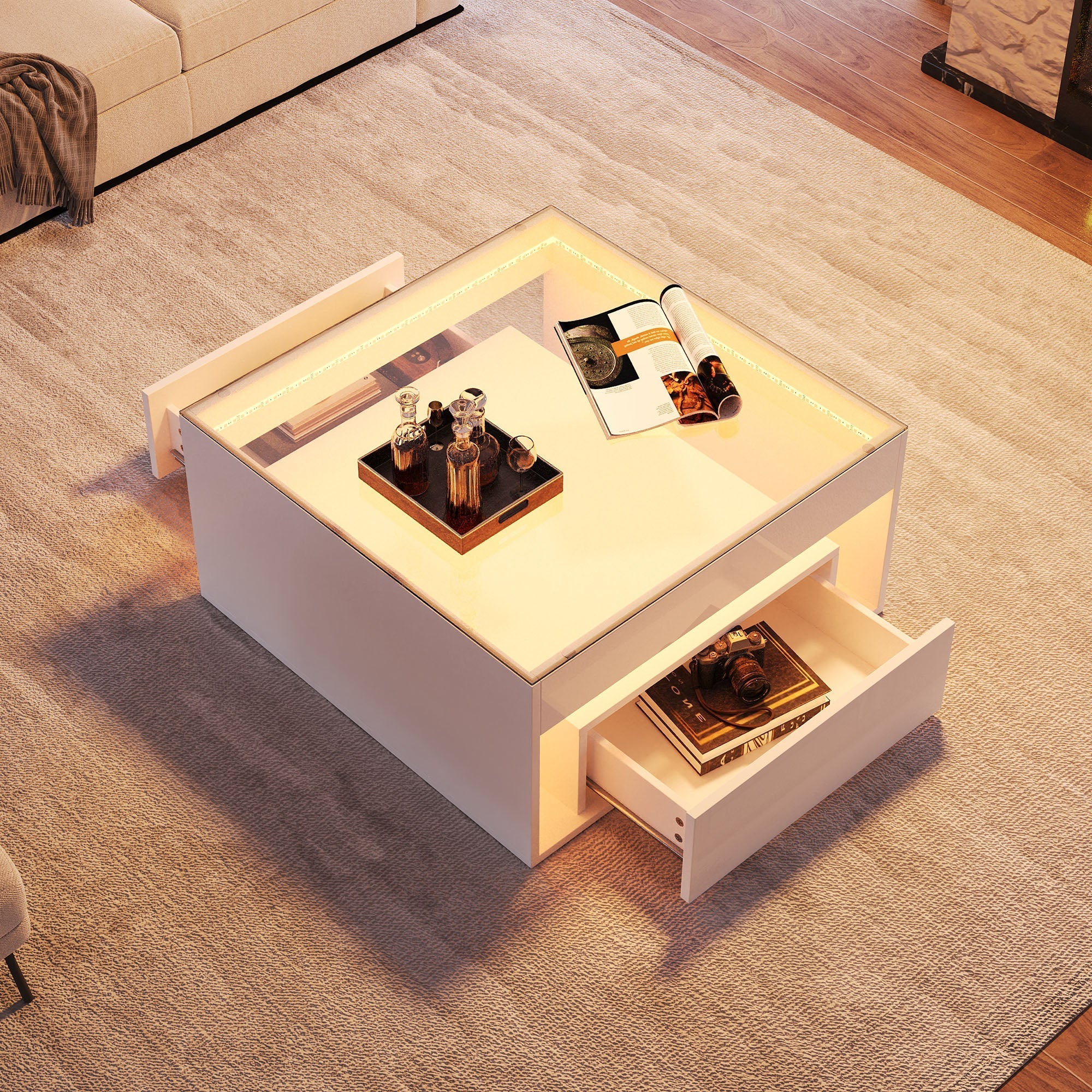 Coffee Table 70x70x35cm High-Gloss LED 2 Drawers Tempered Glass White