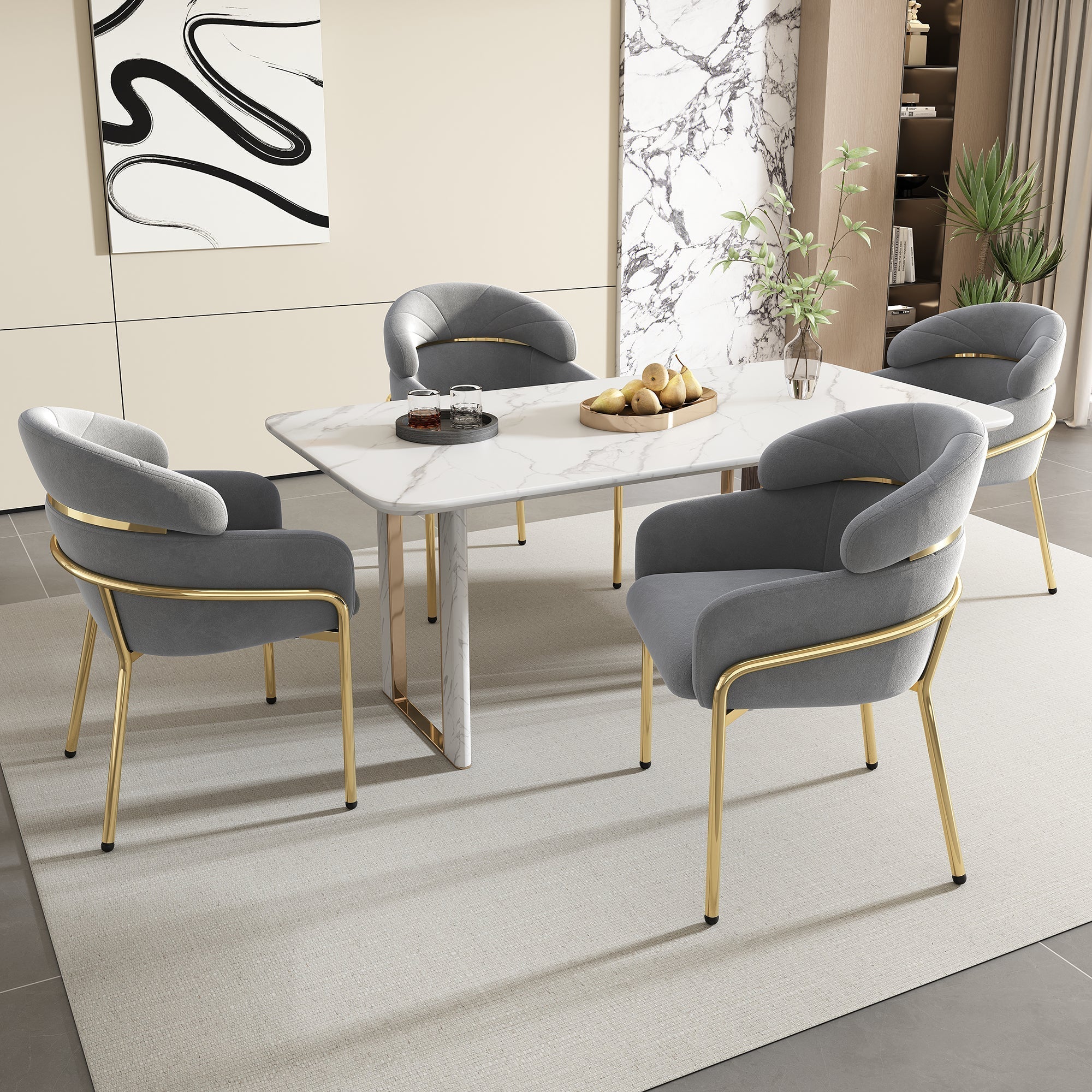 Dining Chair Set of 6, Leisure Chair with Metal Legs, Grey Velvet
