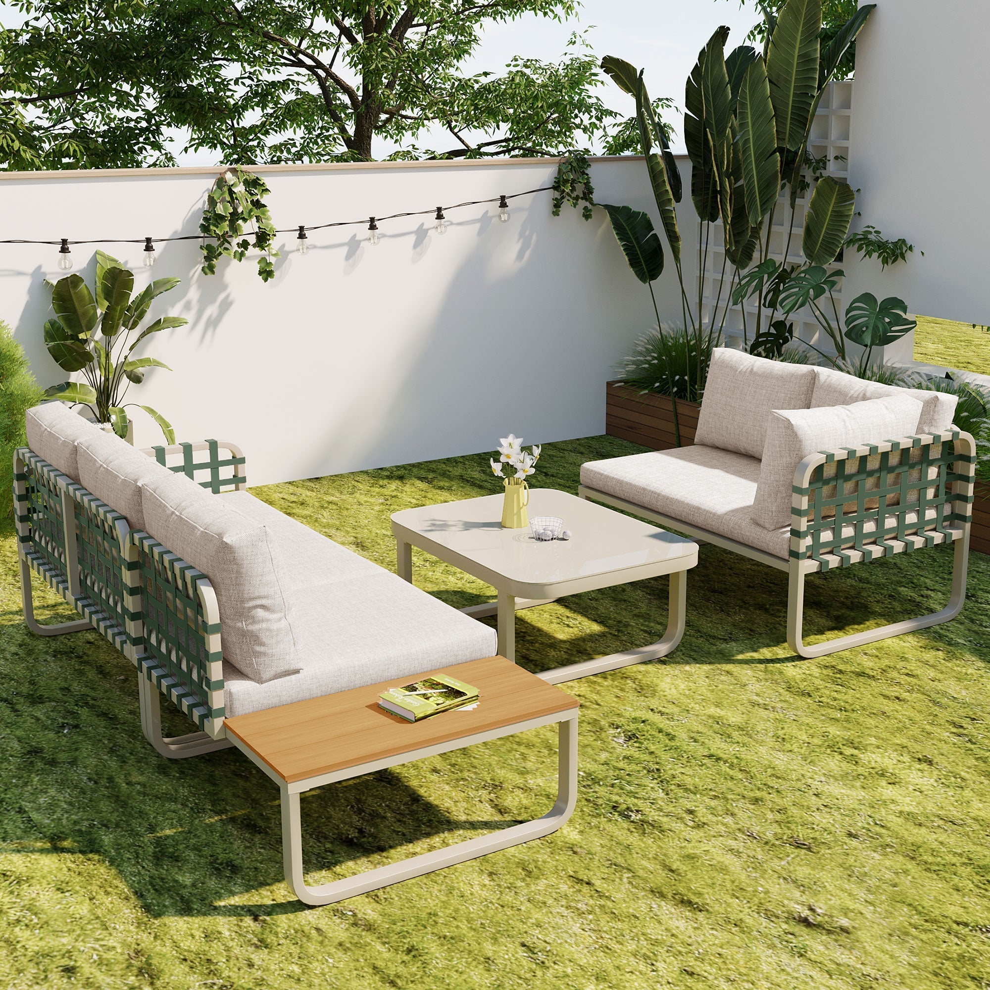 Garden Lounge Set 4-5 Seater Rattan Outdoor Sofa with Cushions - Apricot