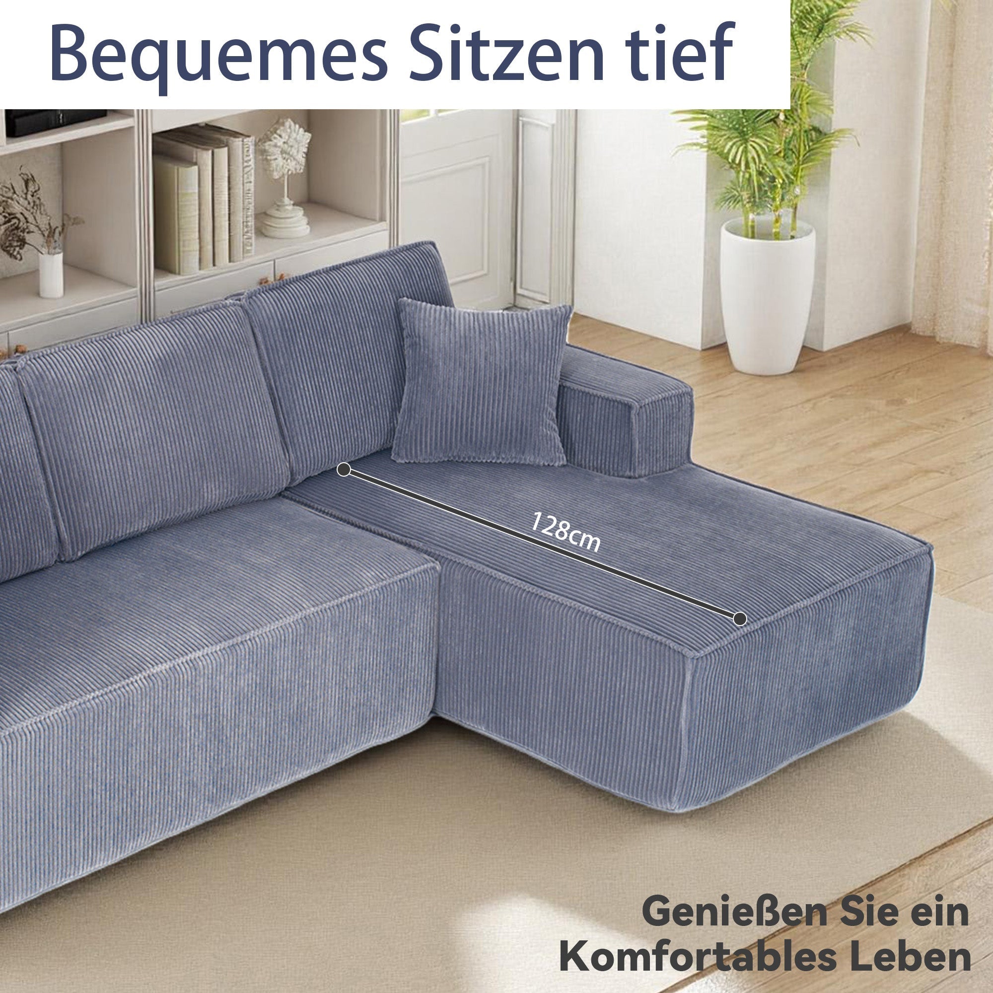 Modular L-Shaped Sofa with Chaise Longue and High-Density Foam, Gray Corduroy