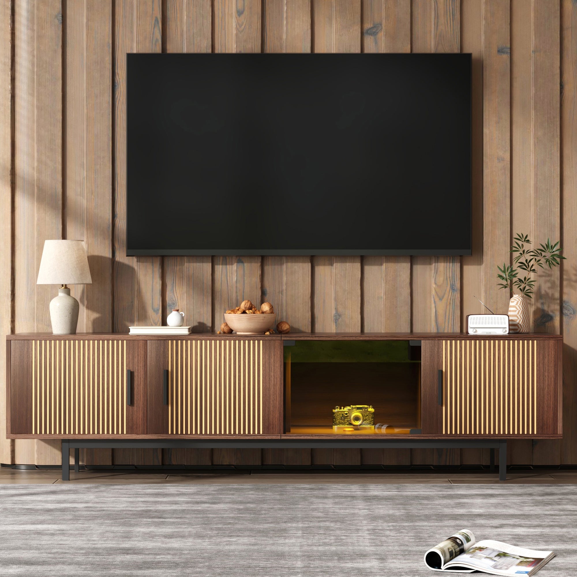TV Cabinet, Carved Texture LED Lowboard with Tempered Glass, Black and Wood