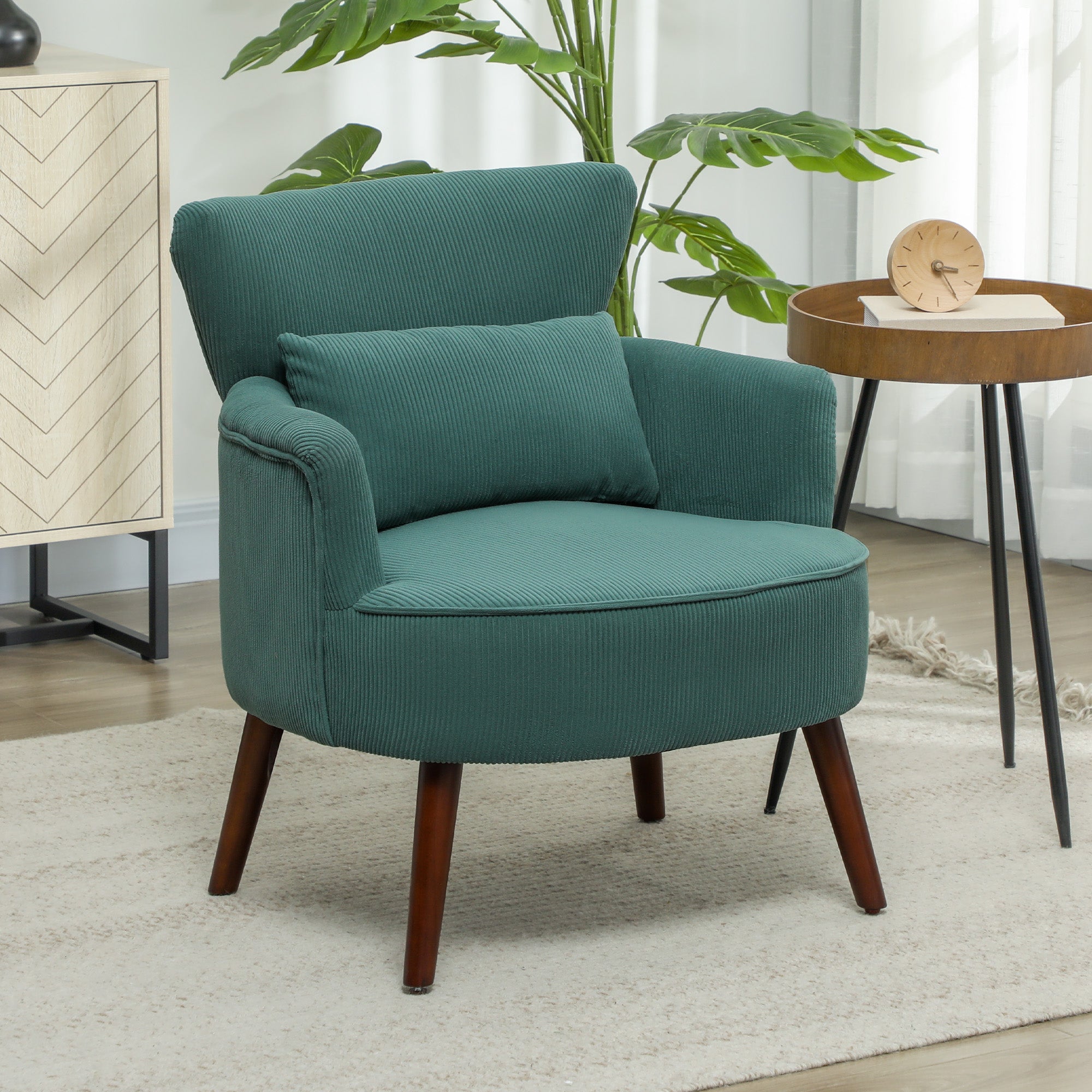 Armchair Lounge Chair Upholstered Corduroy Look Wooden Legs Dark Green